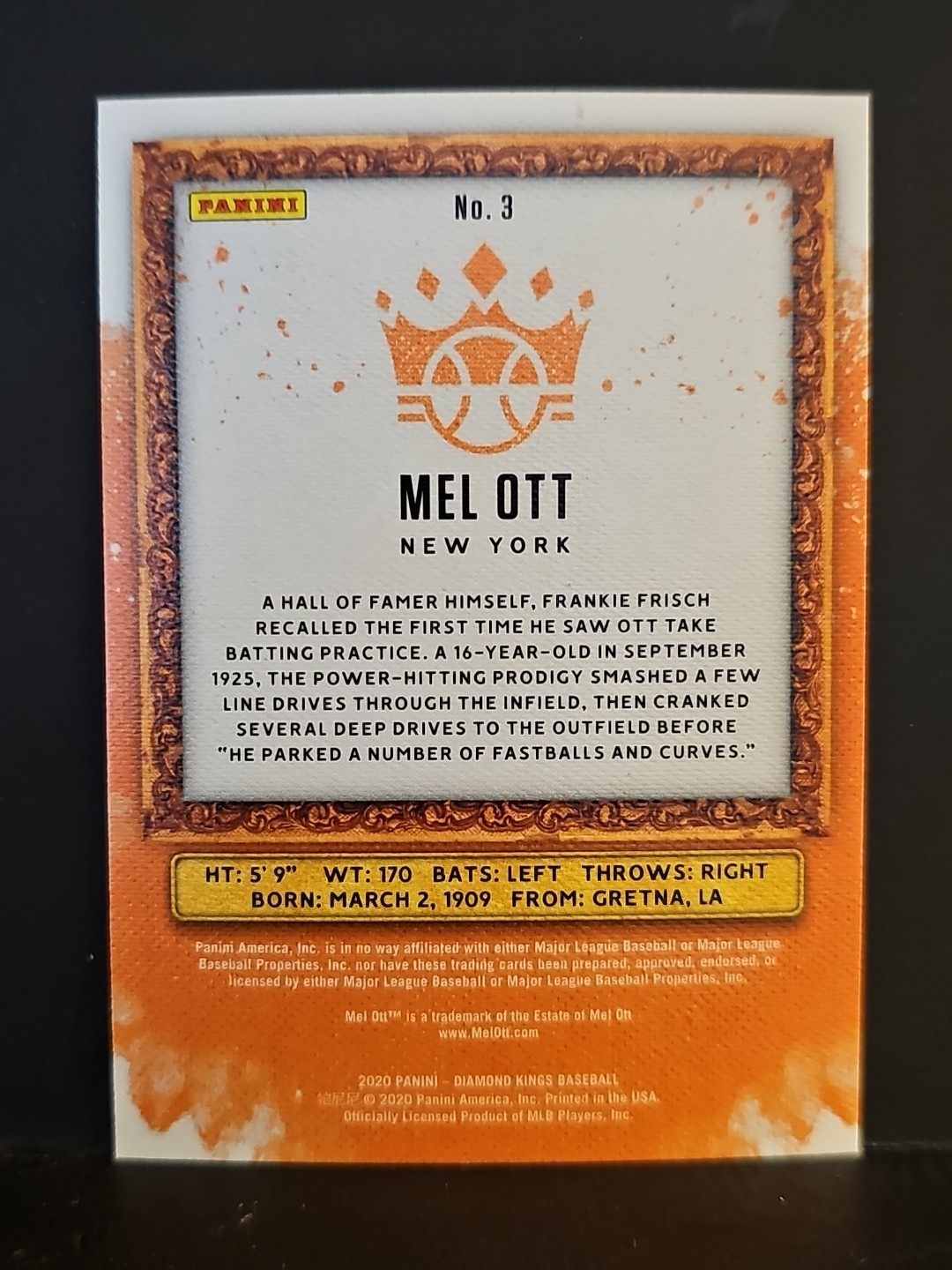 2020 Diamond Kings #3 Mel Ott HOF GIANTS
