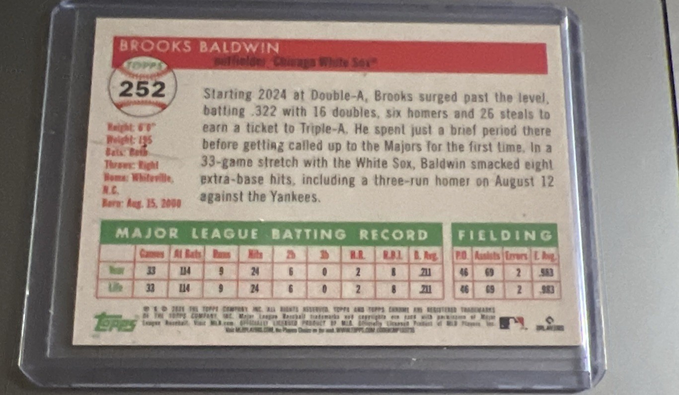 2025 Topps Chrome Platinum Brooks Baldwin Gold Toile 25/50 RC White Sox