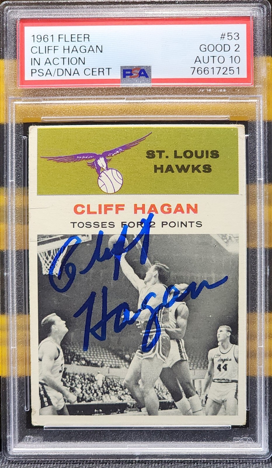 CLIFF HAGAN 1961 Fleer SIGNED #53 PSA/DNA 2 Card, 10 AUTO In Action HAWKS HOF