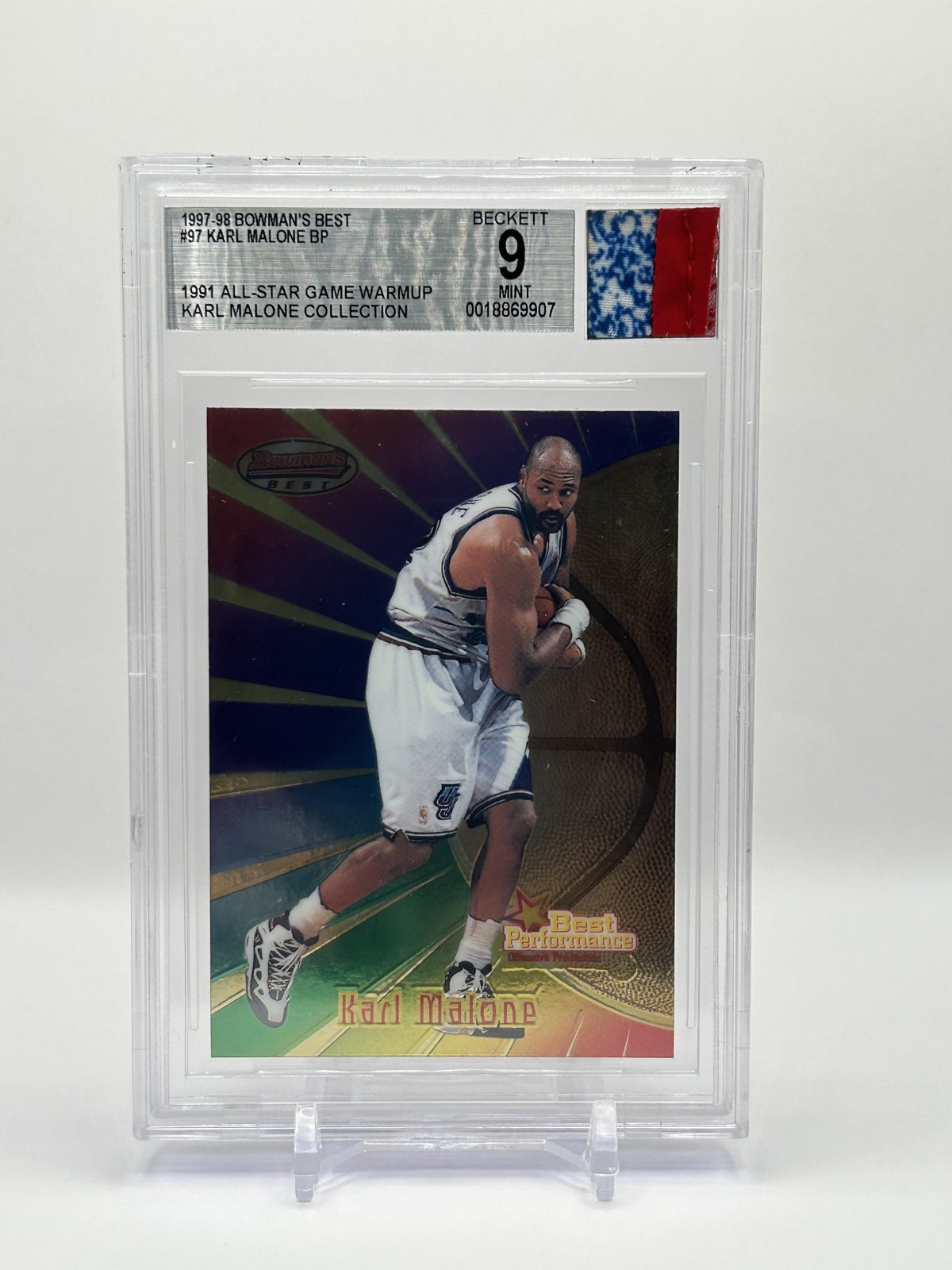 Karl Malone 1997-98 Bowman’s Best #97 Player Worn Jersey Fusion BGS 9