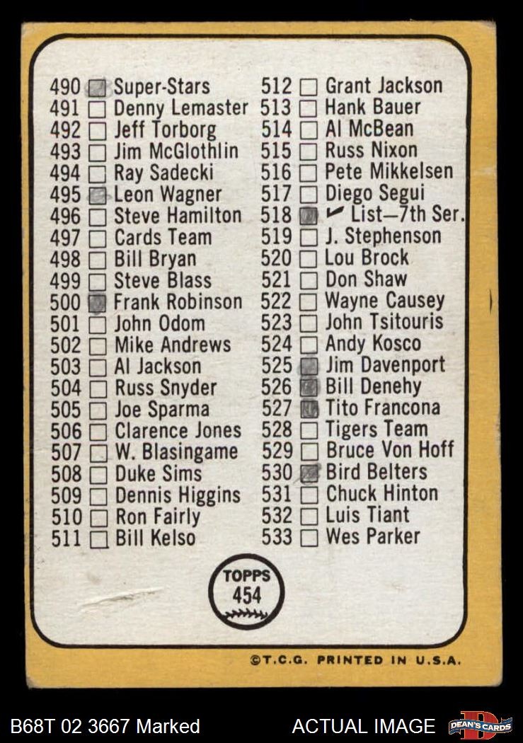 1968 Topps #454 Frank Robinson Checklist 6 Inset photo varies Orioles AUTHENTIC