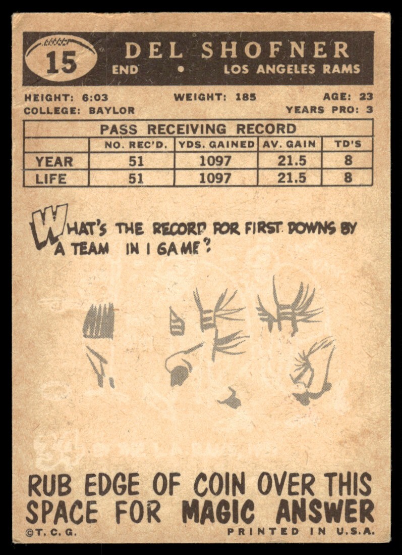 1959 TOPPS DEL SHOFNER RC LOS ANGELES RAMS #15