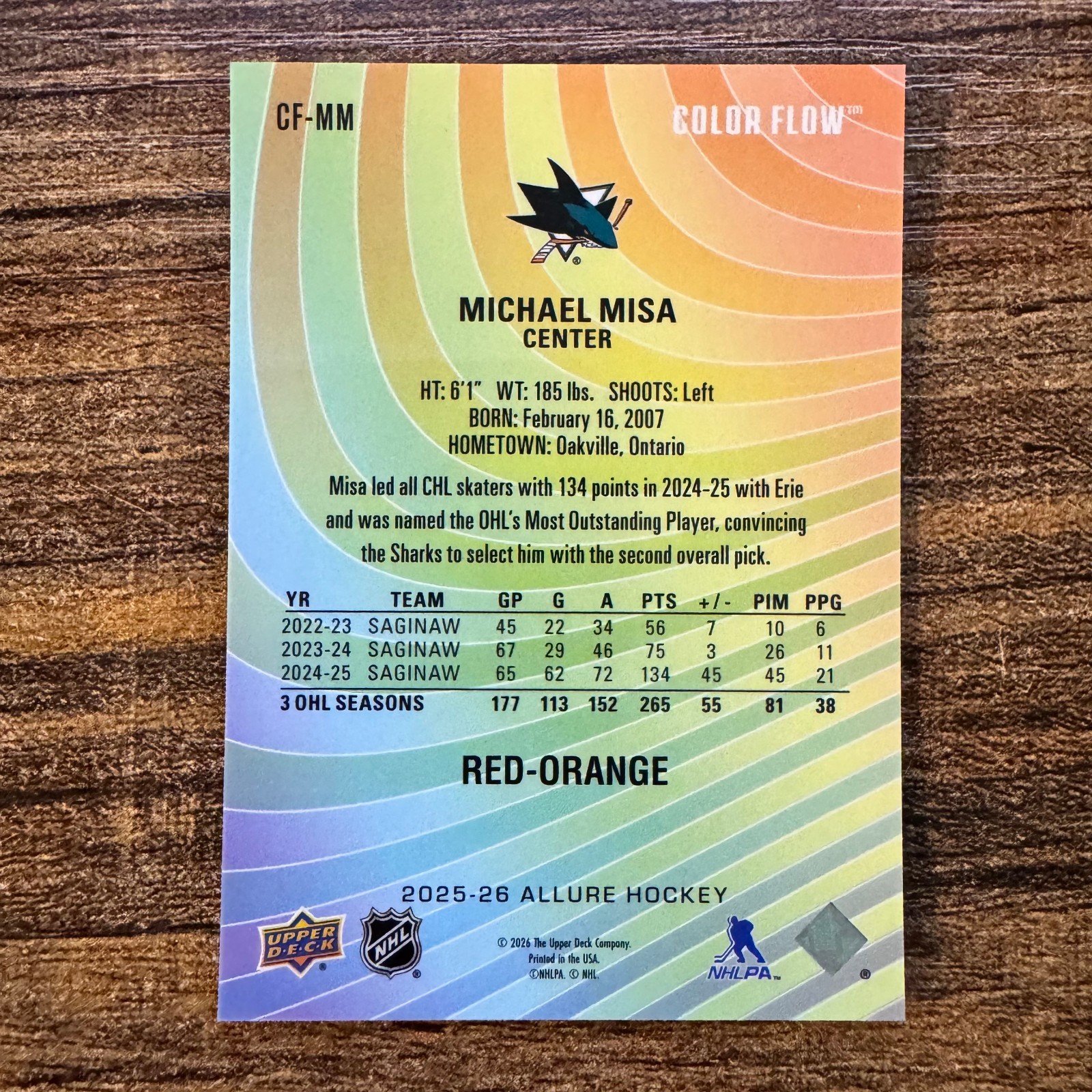 2025-26 Upper Deck Allure Michael Misa Color Flow Red-Orange #CF-MM SJ Sharks RC