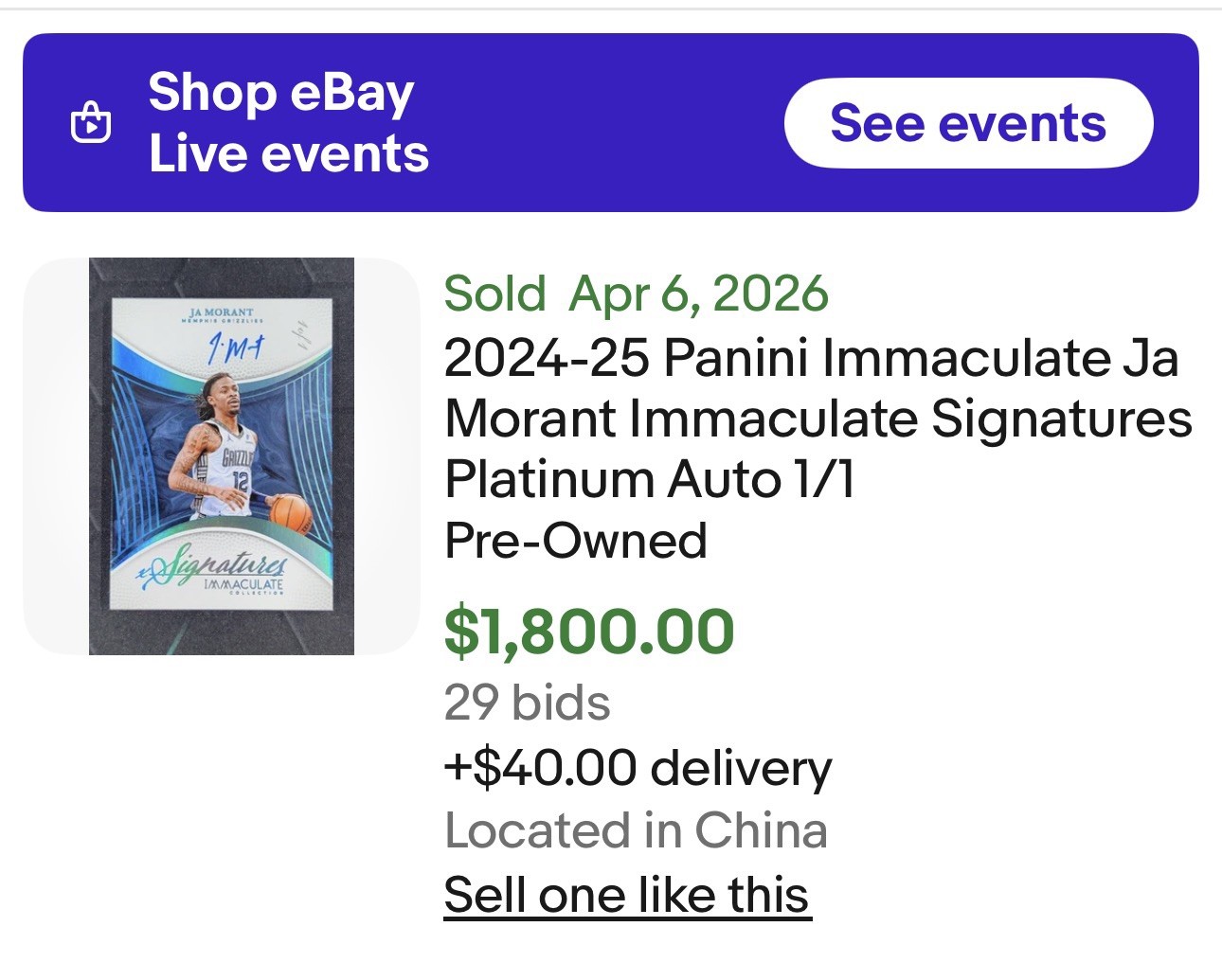 2024-25 Panini Immaculate Ja Morant Immaculate Signatures Platinum Auto 1/1