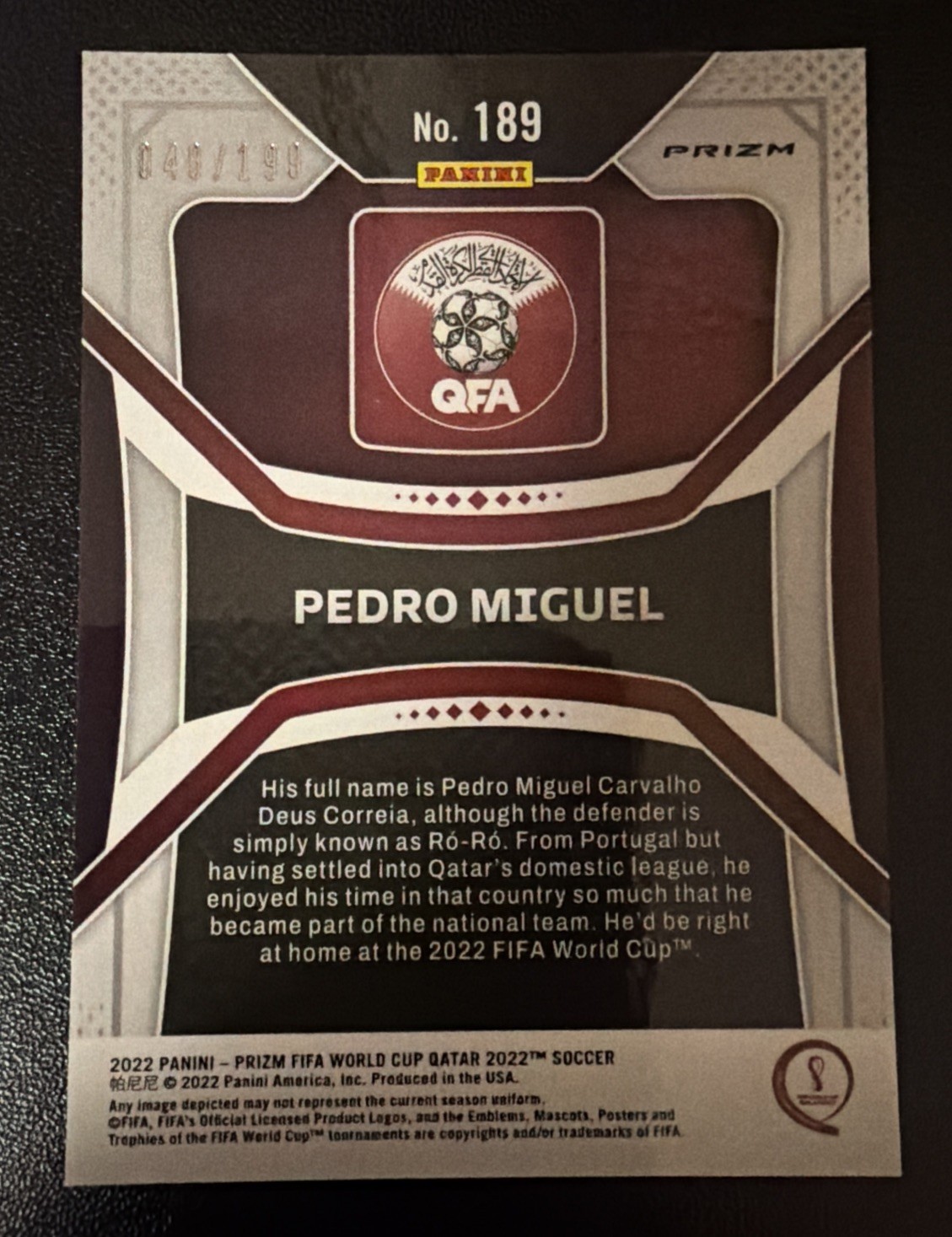 2022 Panini Prizm World Cup Qatar – Pedro Miguel #189 Blue Wave Prizm /199