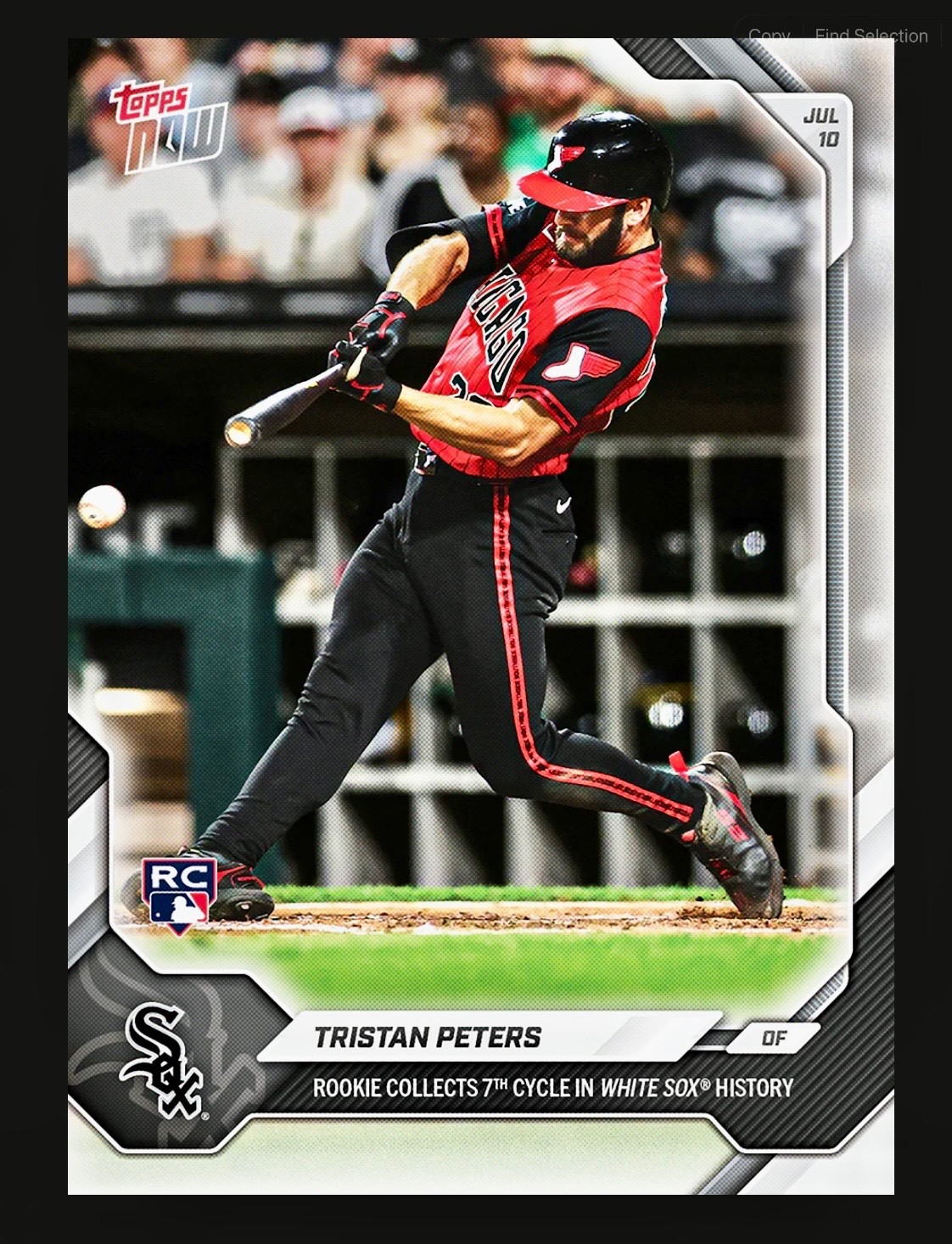 2026 TOPPS NOW 441 TRISTAN PETERS RC 7TH CYCLE IN WHITE SOX HISTORY PRESALE