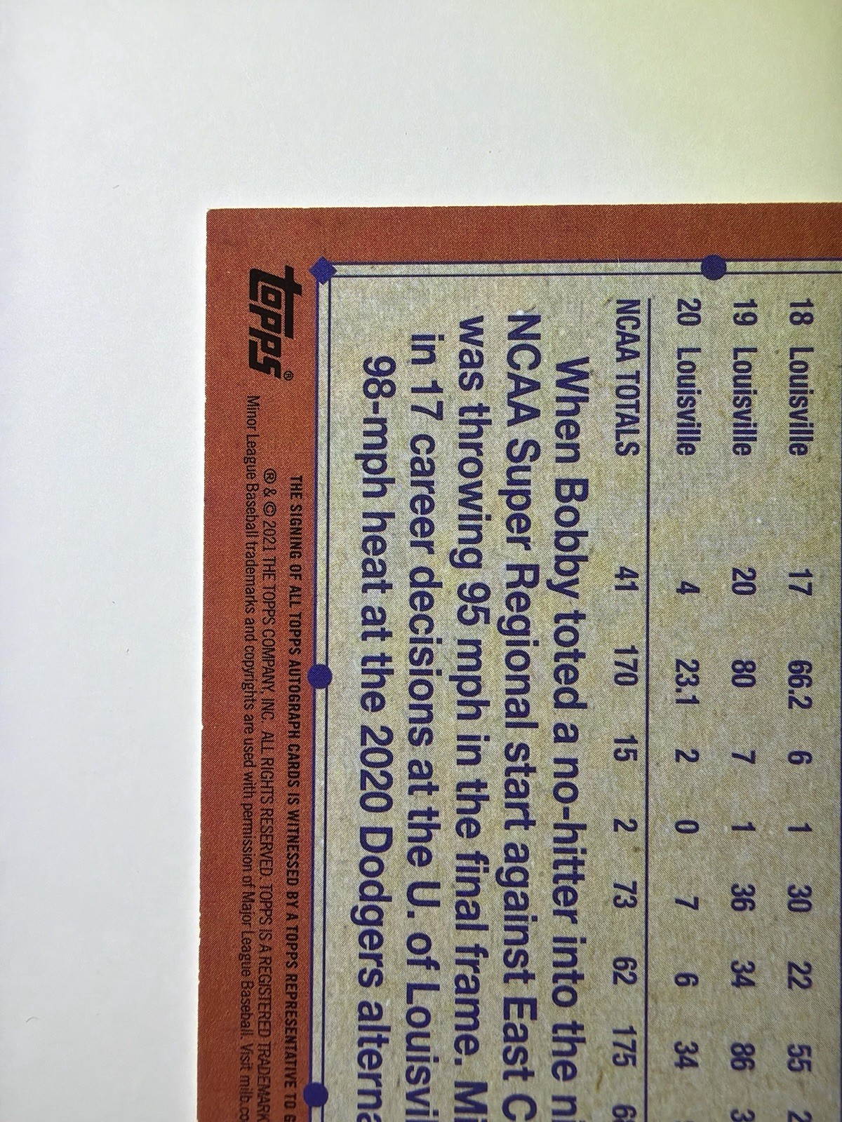 2021 Topps Pro Debut Bobby Miller Orange Auto #20/25 Dodgers Prospect Autograph