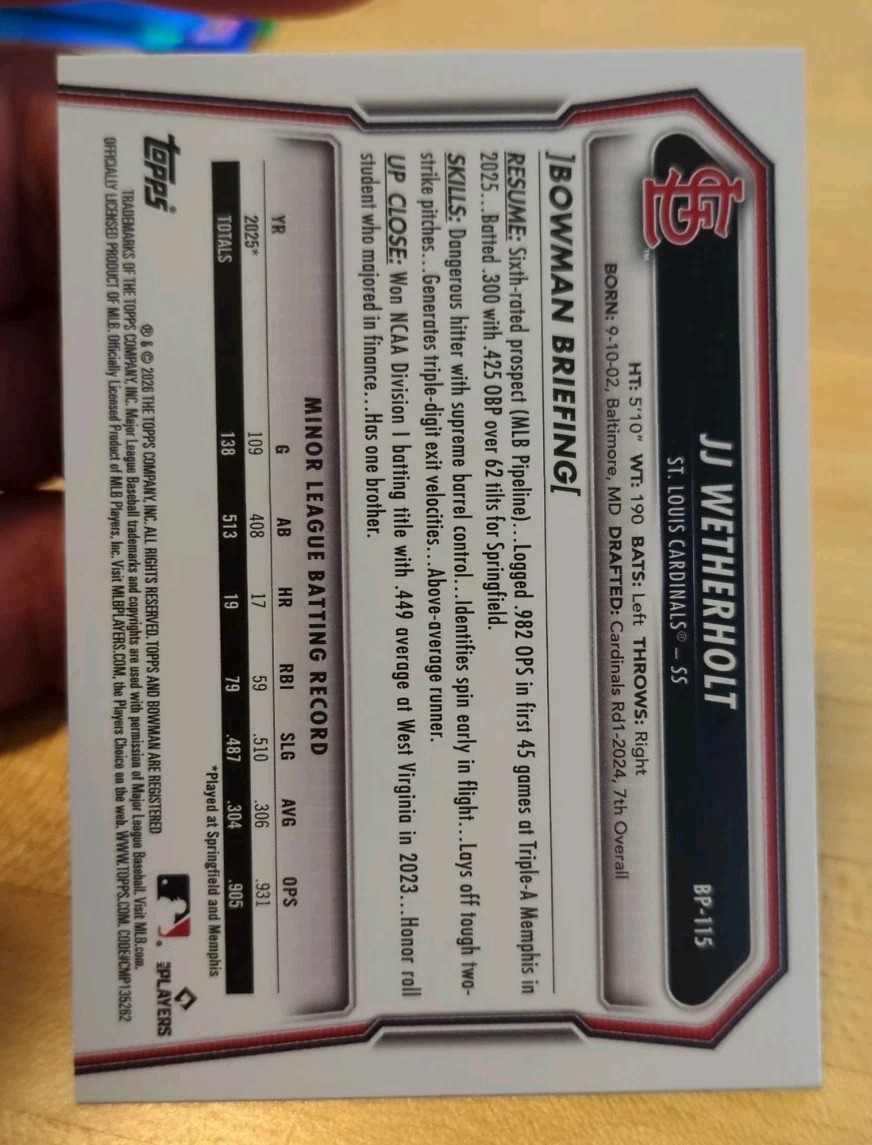 2026 Bowman Prospect JJ Weatherholt BP-115 St. Louis Cardinals (RC)