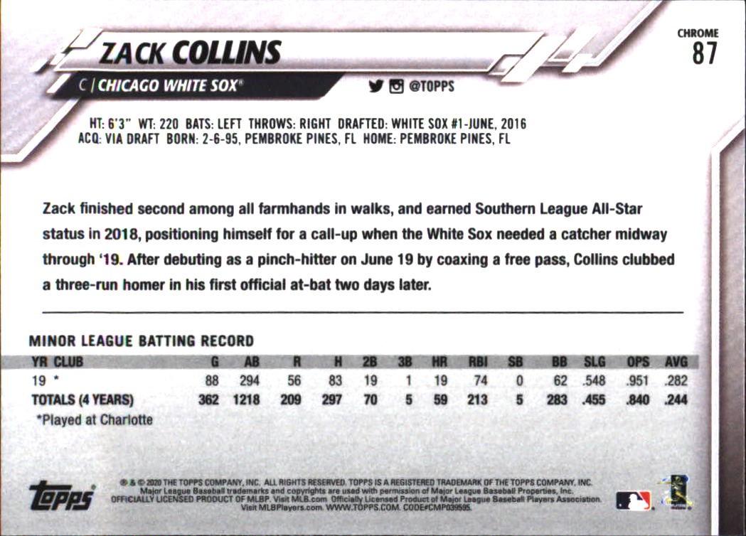 2020 Topps Chrome Zack Collins Rookie #87 Chicago White Sox