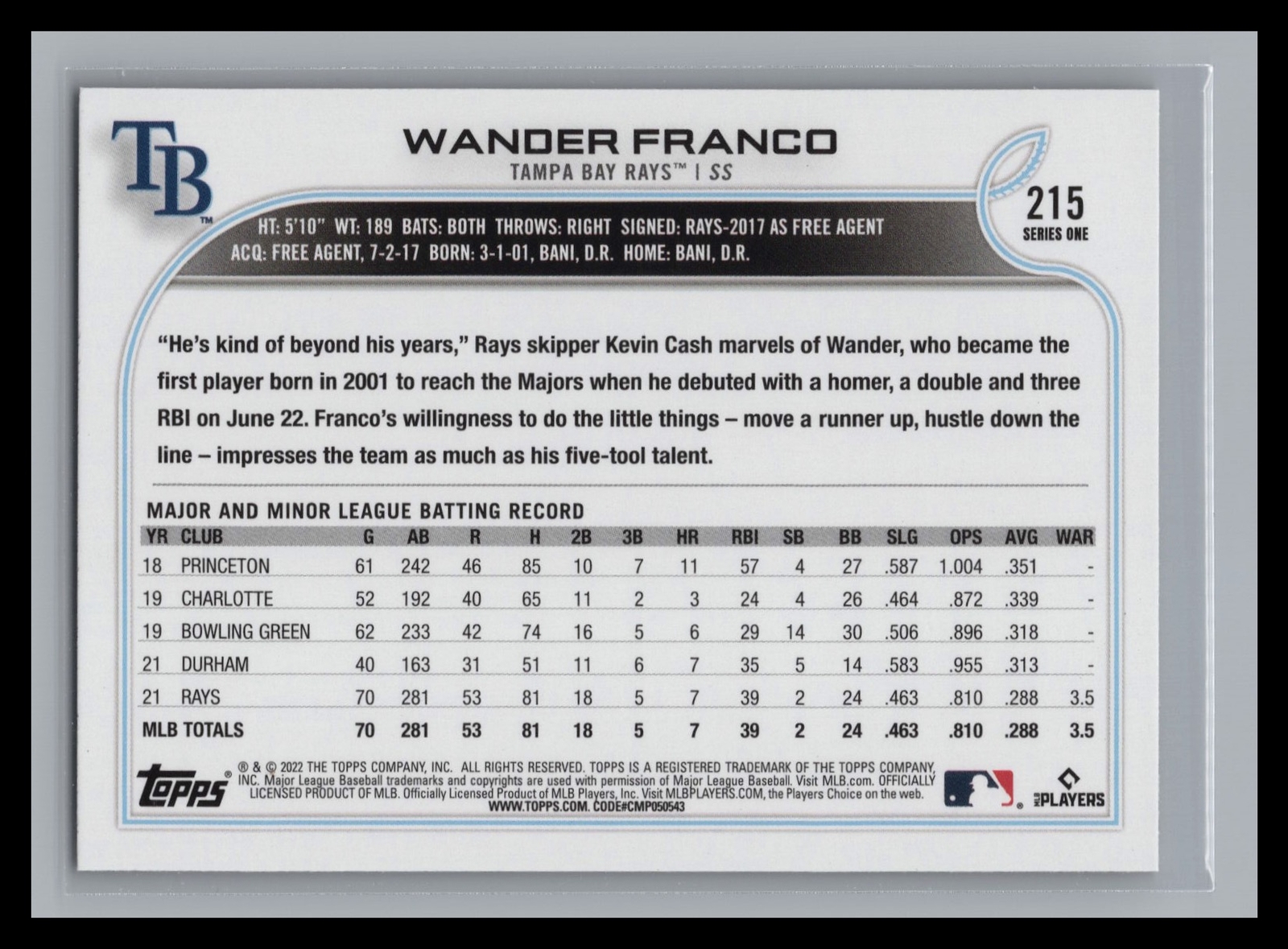 2022 Topps Baseball Series 1 #215 Wander Franco GOLD FOIL Rookie Cup RC TB RAYS