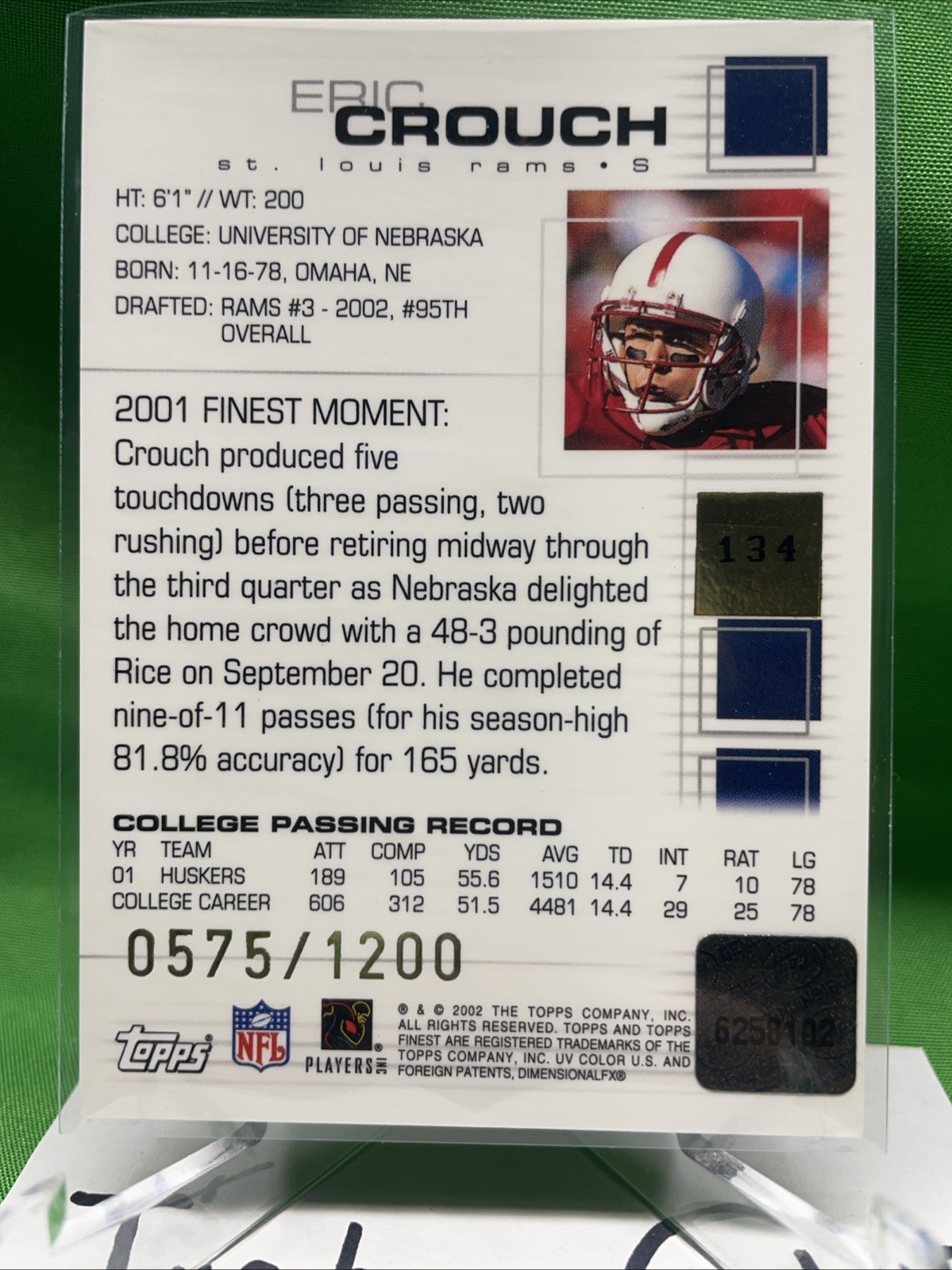 Eric Crouch 2002 Finest RC Auto #575/1200 Nebraska Legend