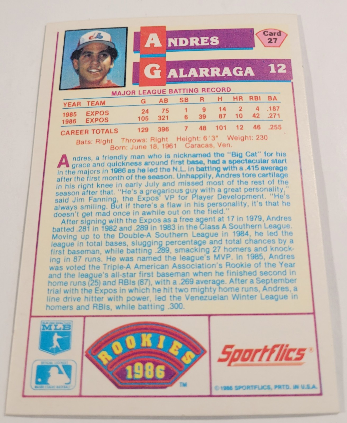 1986 Sportflics Rookies #27 Andres Galarraga Montreal Expos