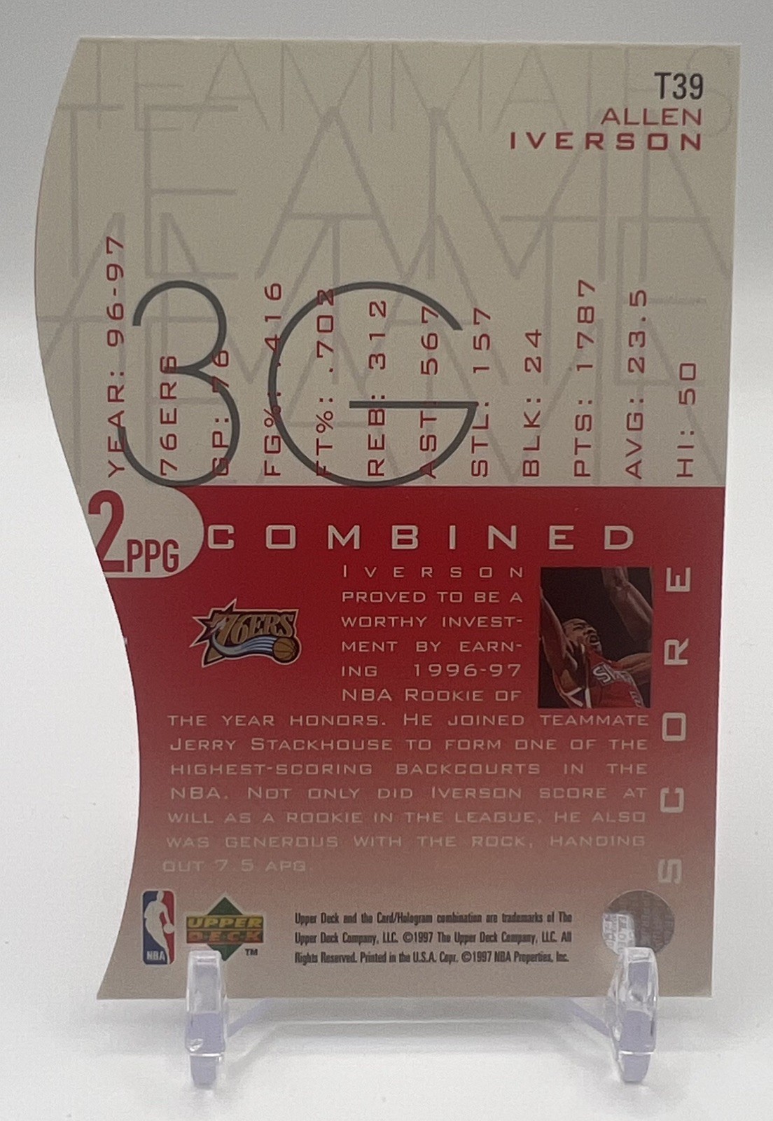 Allen Iverson 1997-98 Upper Deck Teammates Insert Card # T39 Diecut 76ers NBA