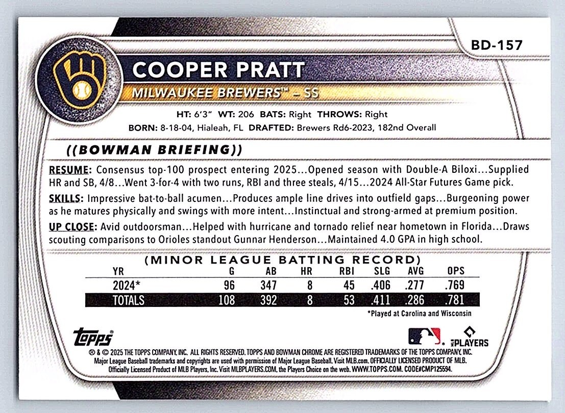 COOPER PRATT BREWERS 2025 BOWMAN DRAFT #BD-157