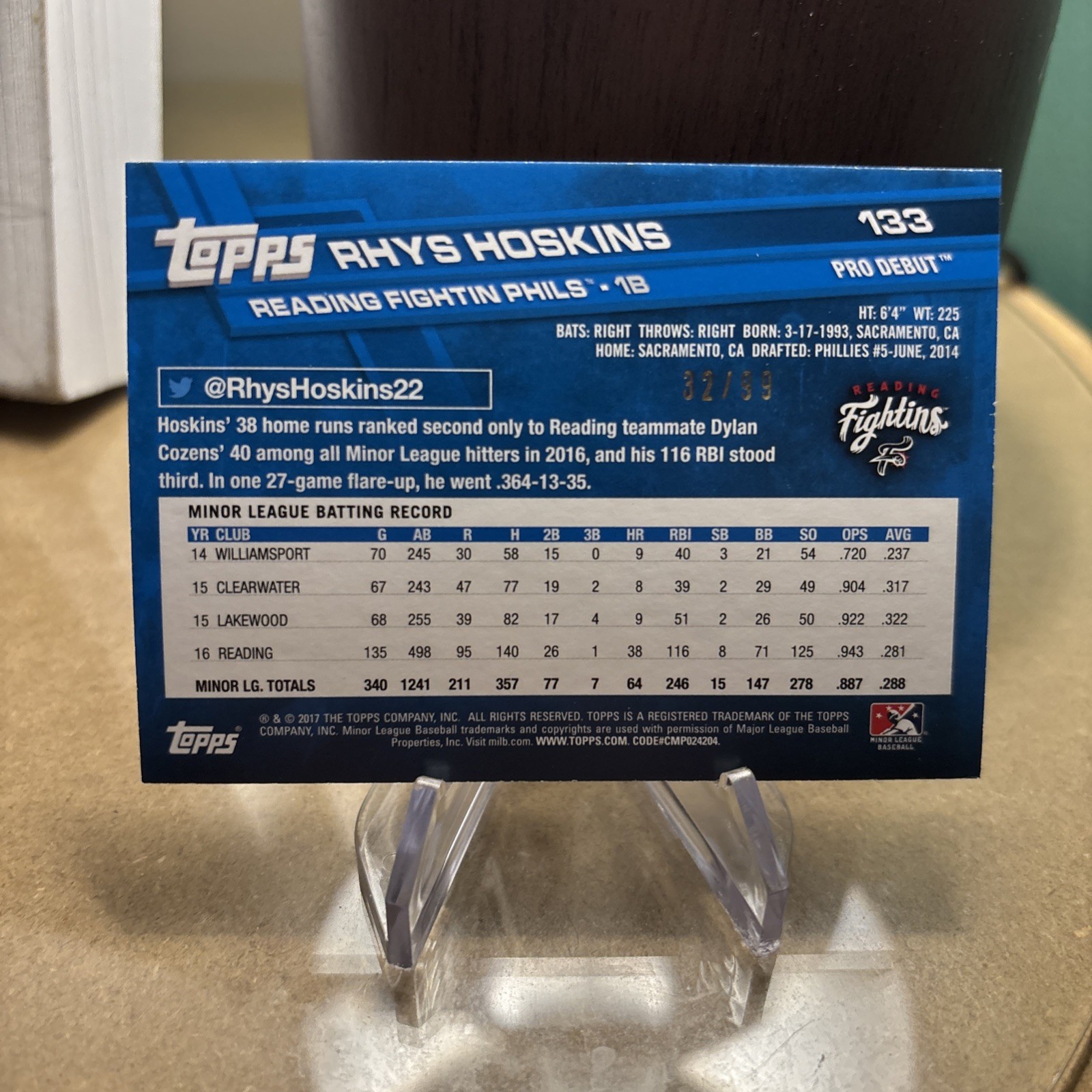 2017 Topps Pro Debut – Rhys Hoskins #133 Green /99 (RC)