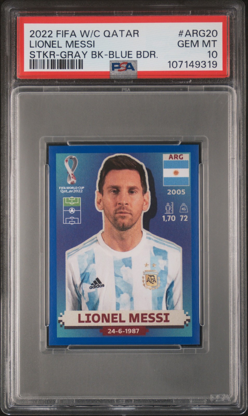 2022 PANINI FIFA WORLD CUP QATAR STICKERS #ARG20 LIONEL MESSI PSA 10