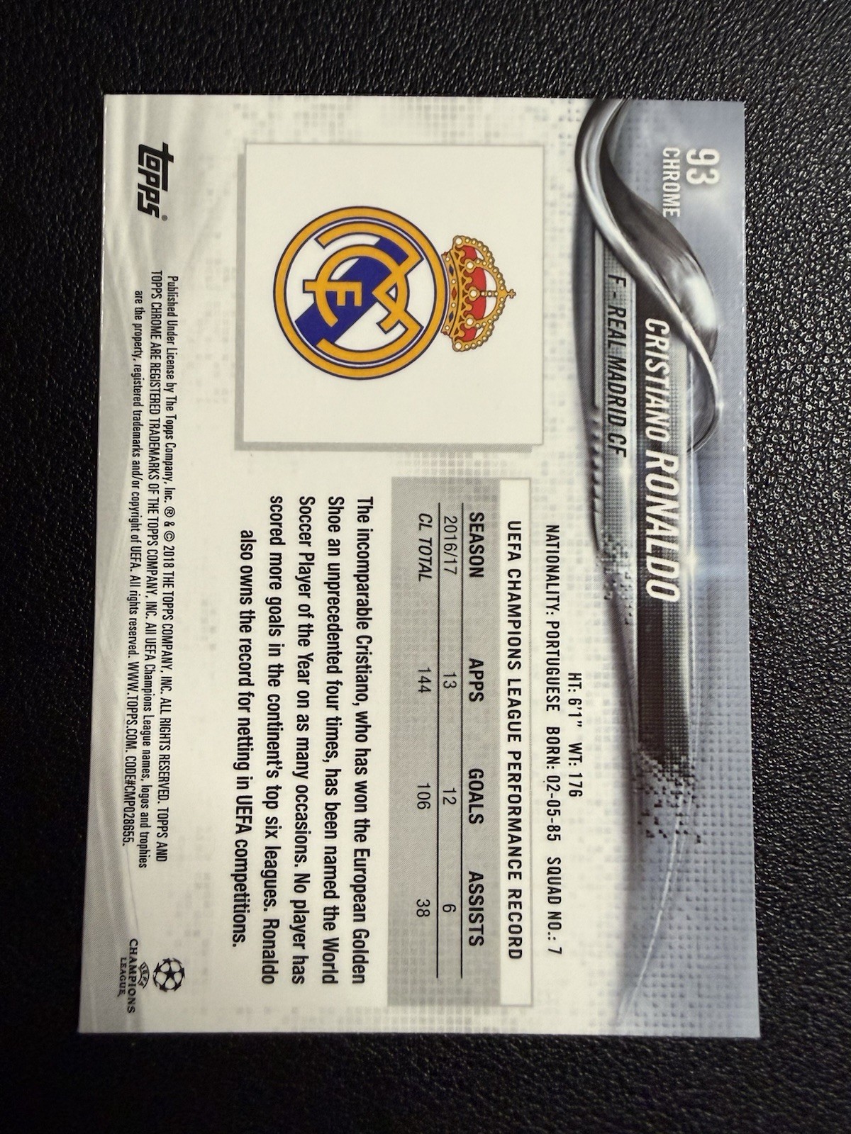 2017-18 Topps Chrome UEFA Champions League – Cristiano Ronaldo #93 QTY AVAIL