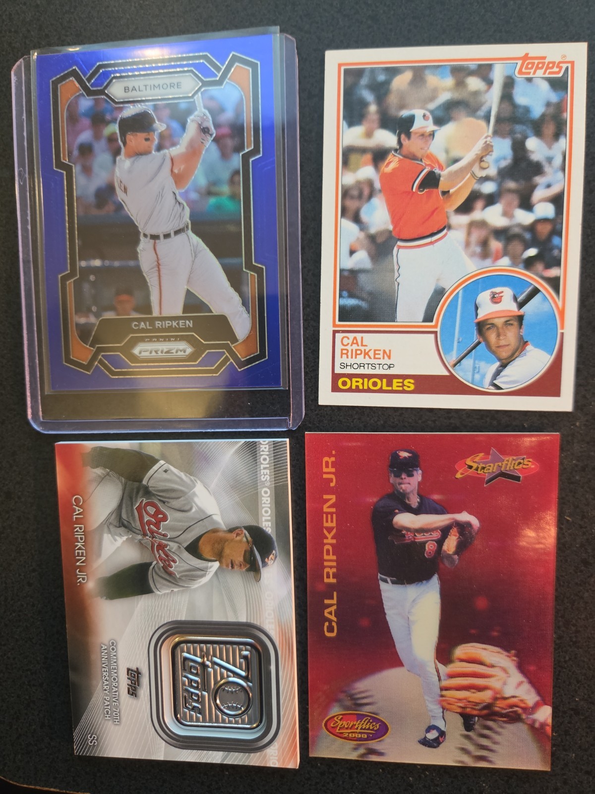 12 Cal Ripken Jr. 83 topps, Relics, Numbered/199 refractor, sports flix hologram