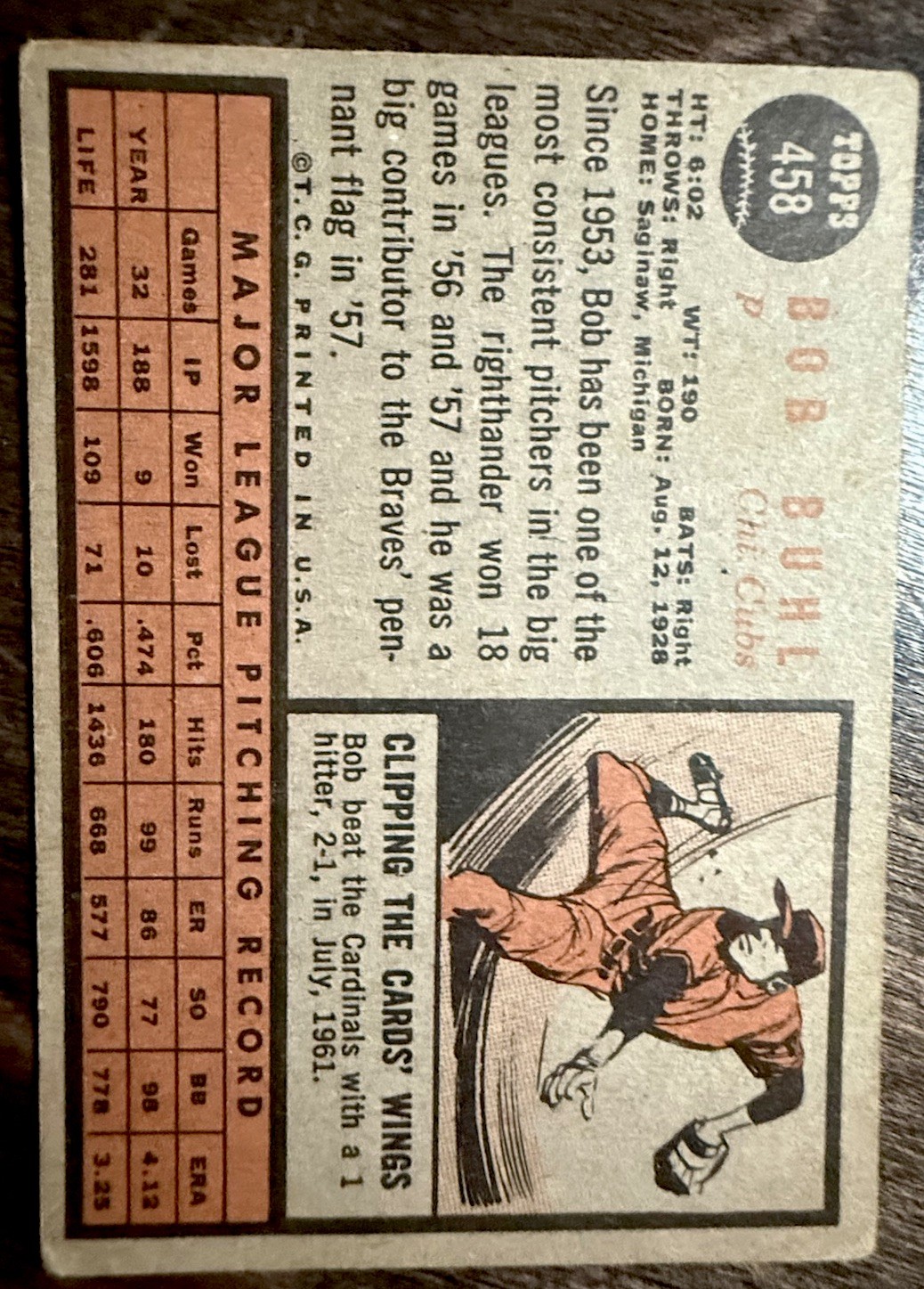 1962 Topps #458 Bob Buhl EX/VG Cubs No Logo on Cap Vintage