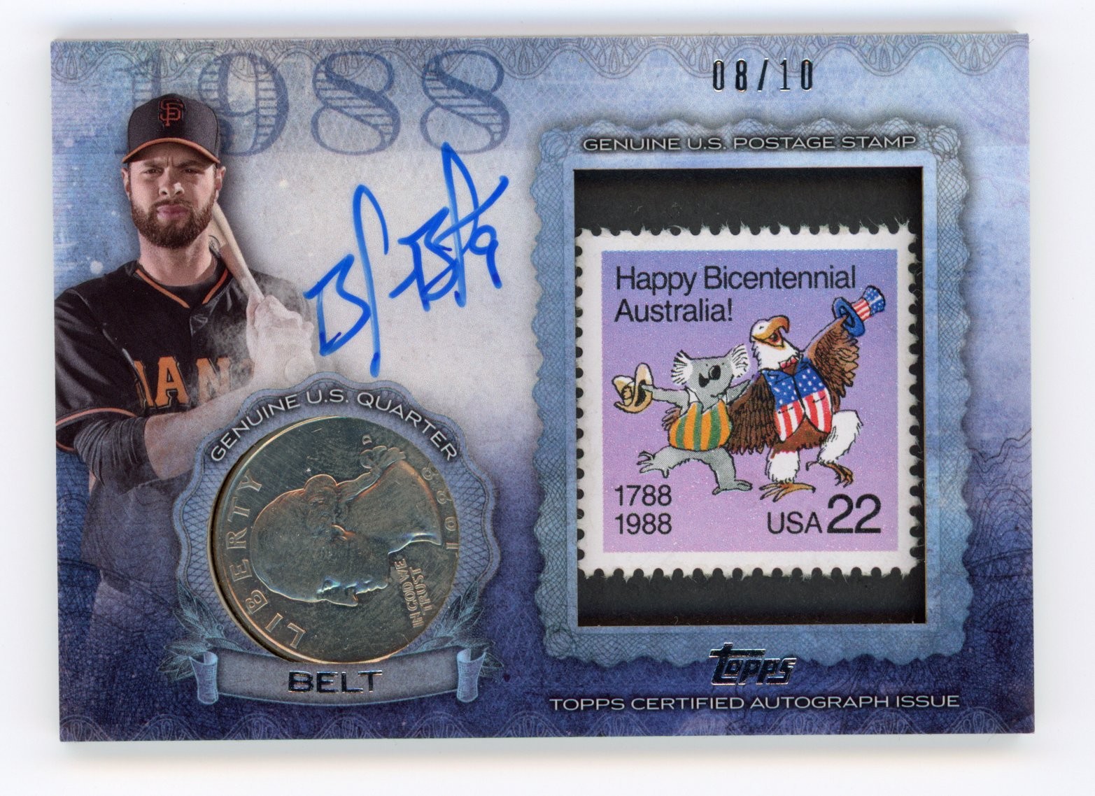 2015 TOPPS UPDATE BRANDON BELT AUTO /10 COIN STAMP #QS-BB 1988 GIANTS SP