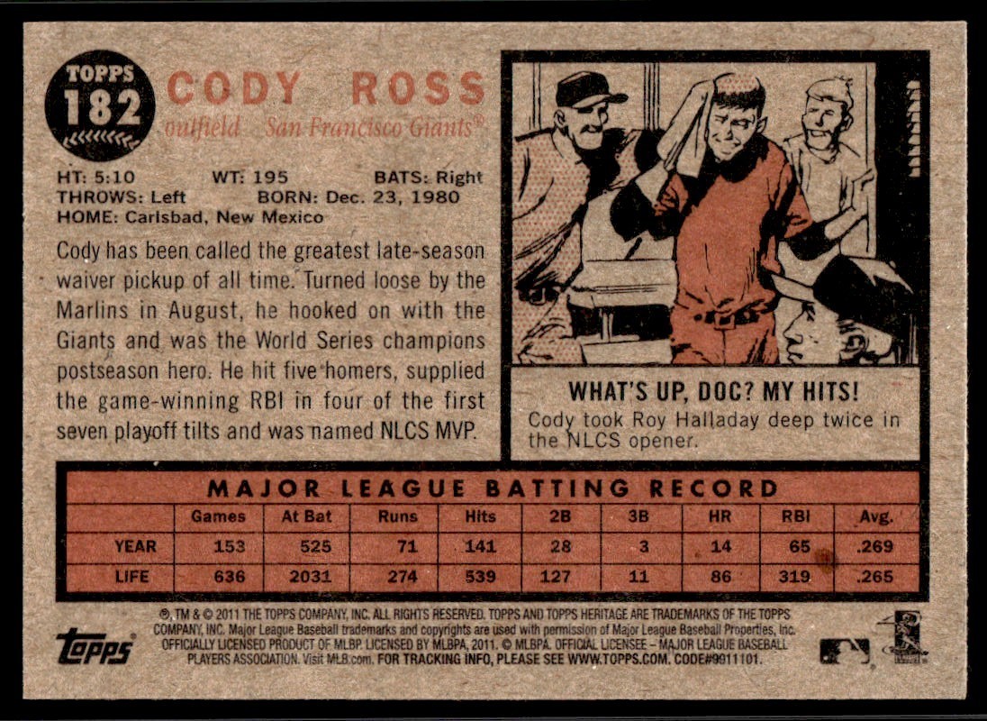 2011 Topps Heritage Cody Ross San Francisco Giants #182