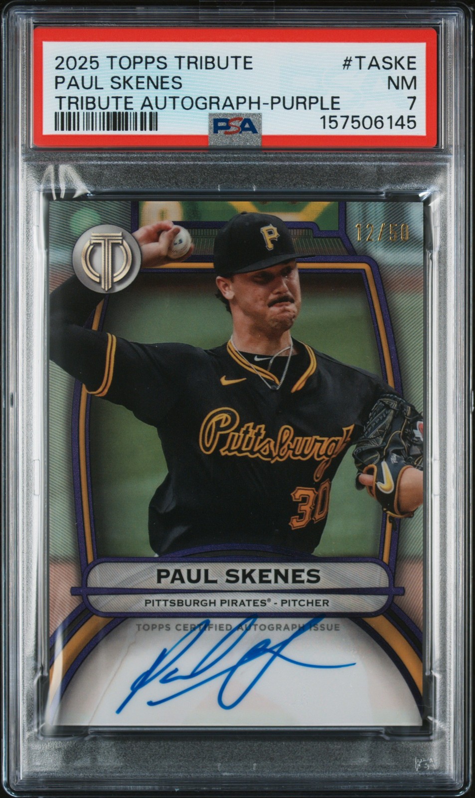 2025 TOPPS TRIBUTE TRIBUTE AUTOS PURPLE #TASKE PAUL SKENES 12/50 PSA 7