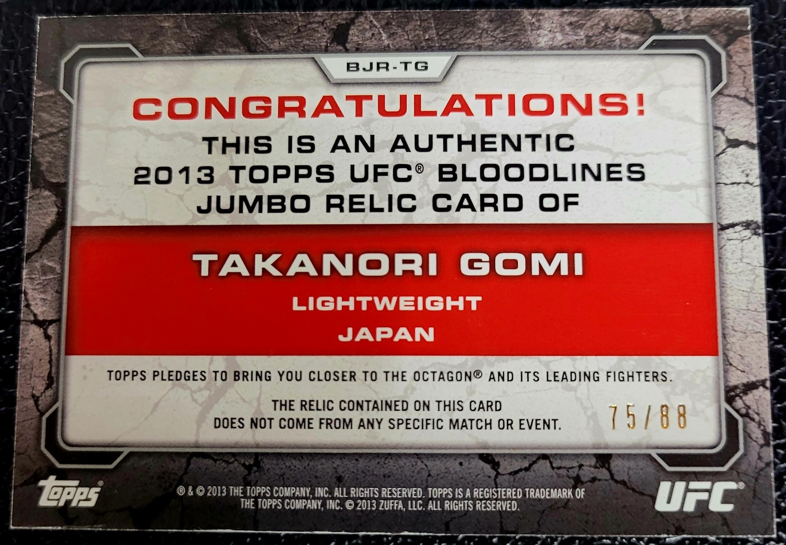 2013 Topps UFC Bloodlines Takanori Gomi Jumbo Worn Relic Patch BJR-TG /88 Japan