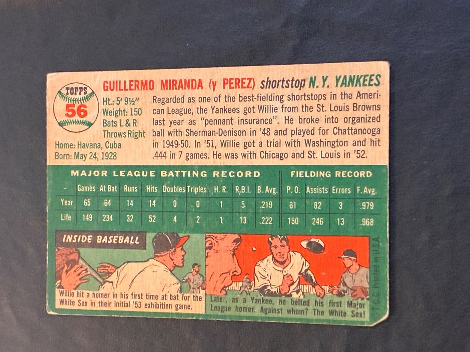 1954 Topps Willie Miranda #56 – No Creases – See Description – VG/P