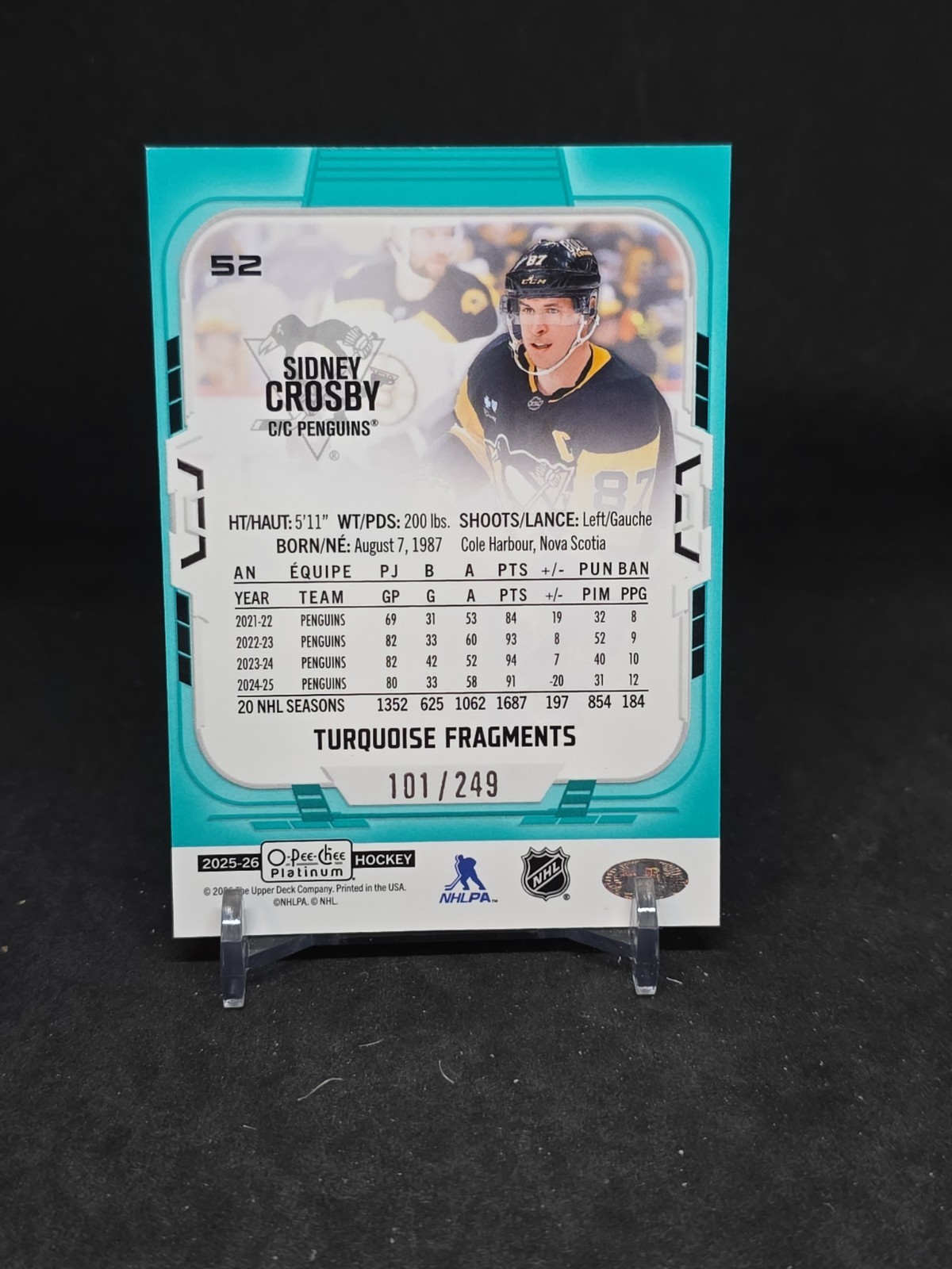 2025-26 OPC Platinum #52 Sidney Crosby Turquoise Fragments Parallel /249