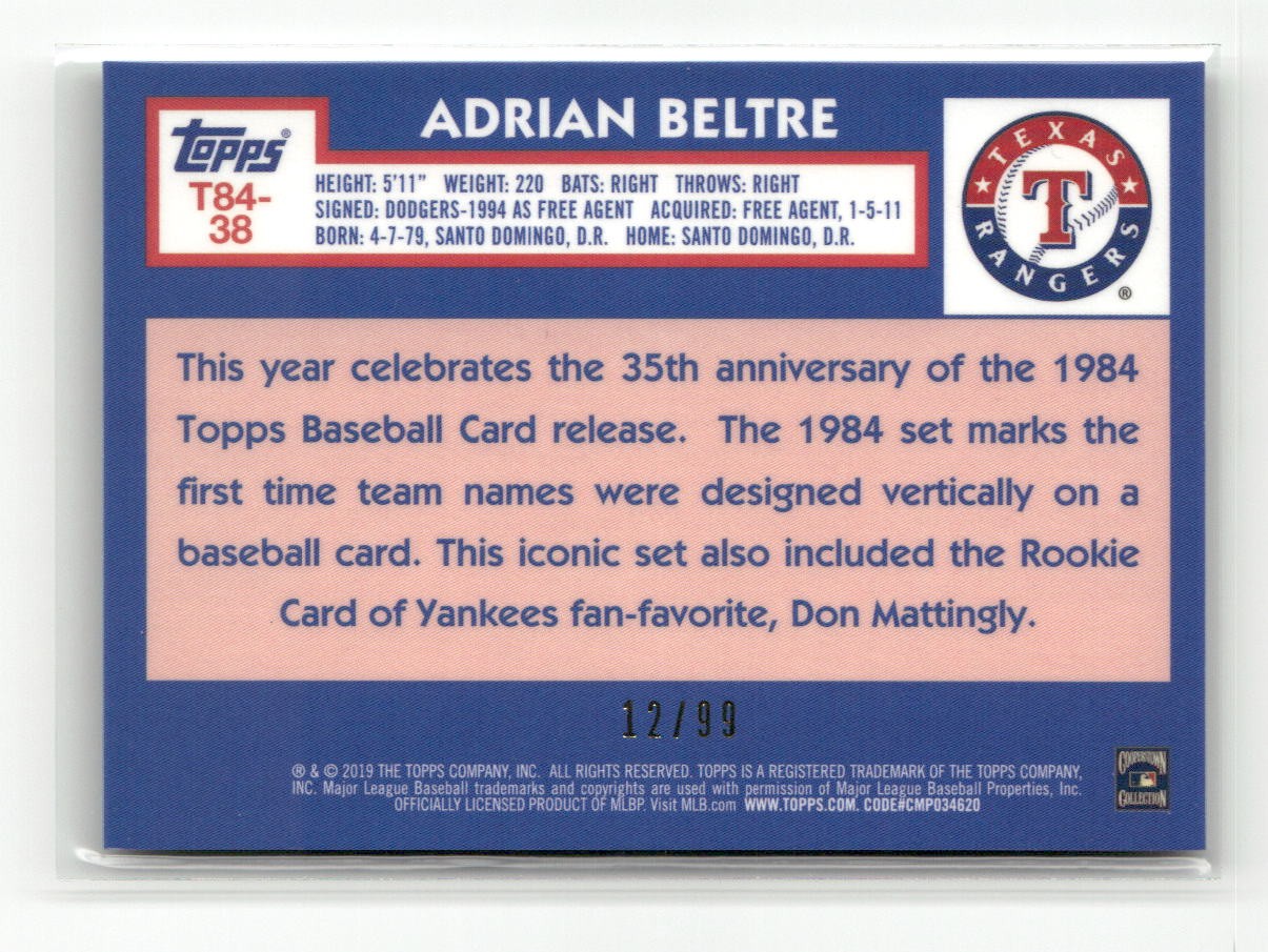 2019 Topps #T84-38 Adrian Beltre Chrome Silver Pack Green /99