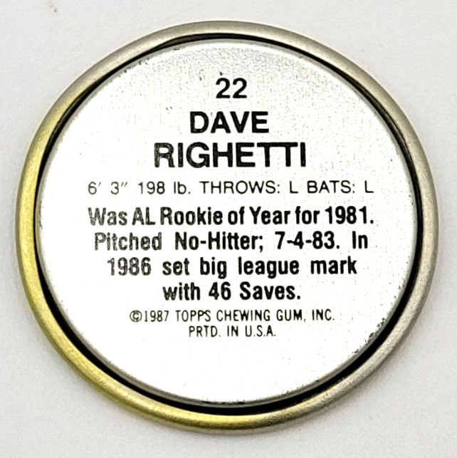 1987 Topps Coins Baseball Dave Righetti New York Yankees #22 MLB
