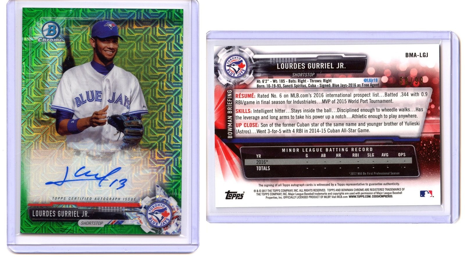 Lourdes Gurriel Jr 2017 Bowman Chrome Mega Box Green Mojo Auto /99 Blue Jays