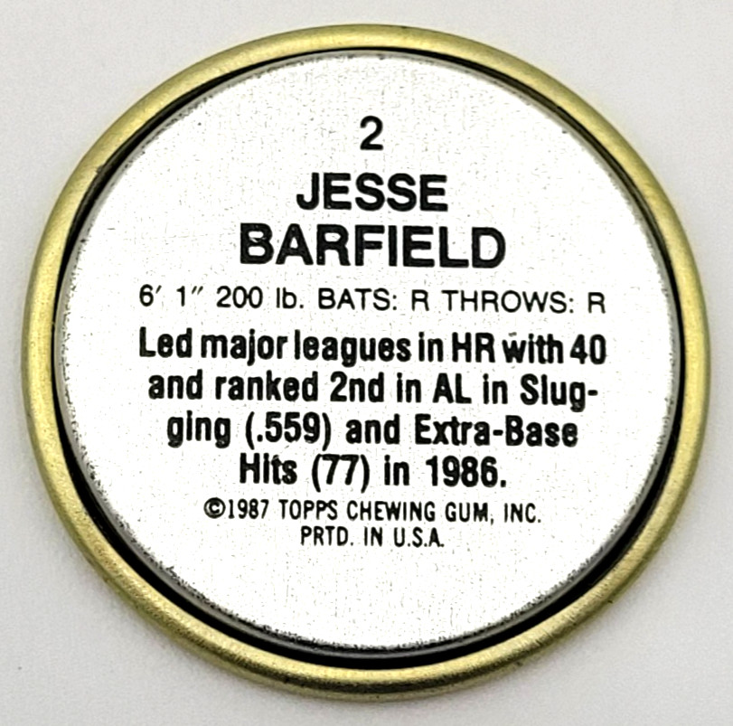 1987 Topps Coins Baseball Jesse Barfield Toronto Blue Jays #2 MLB