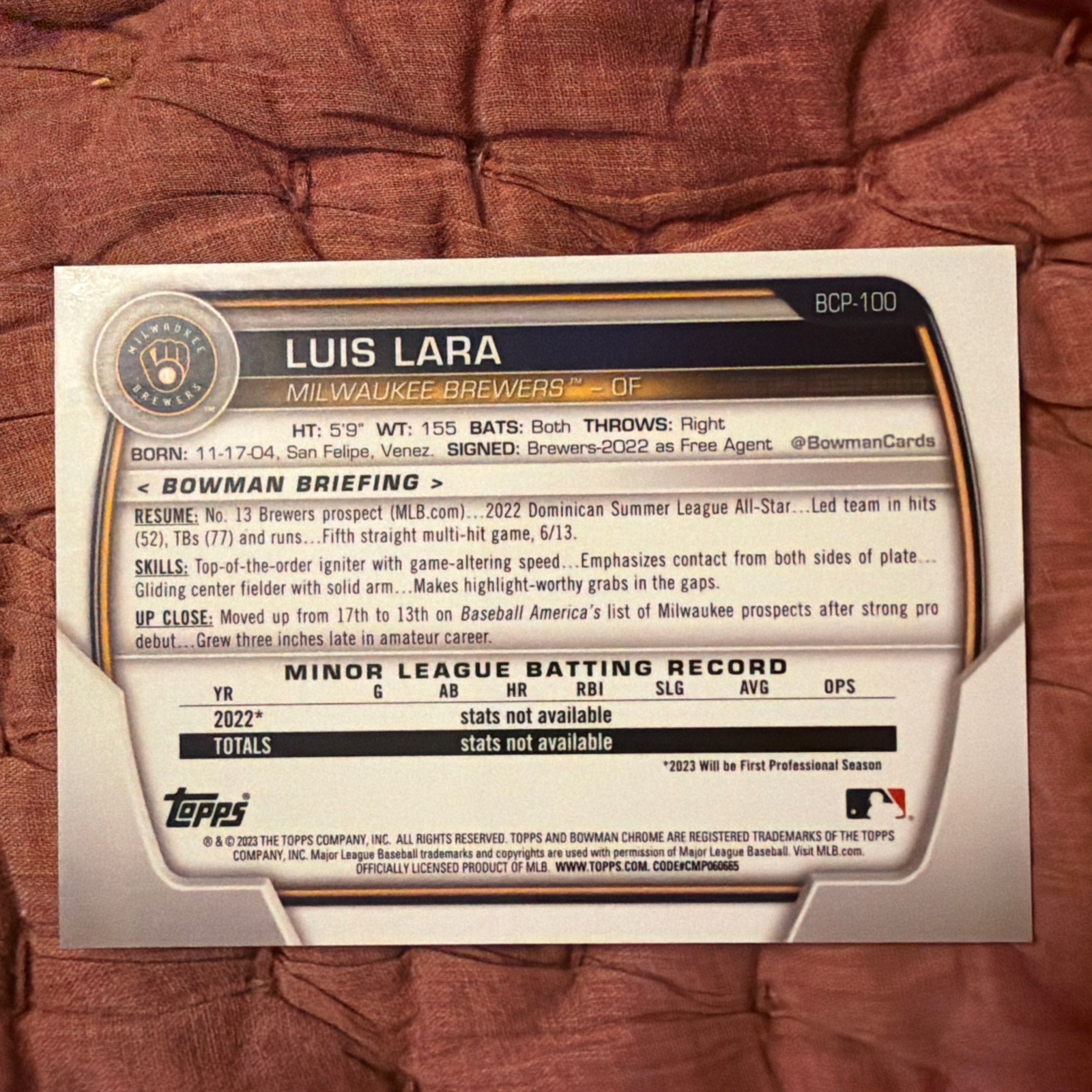 2023 Bowman – Chrome Prospects Luis Lara #BCP-100 Purple Refractor /250 (RC)