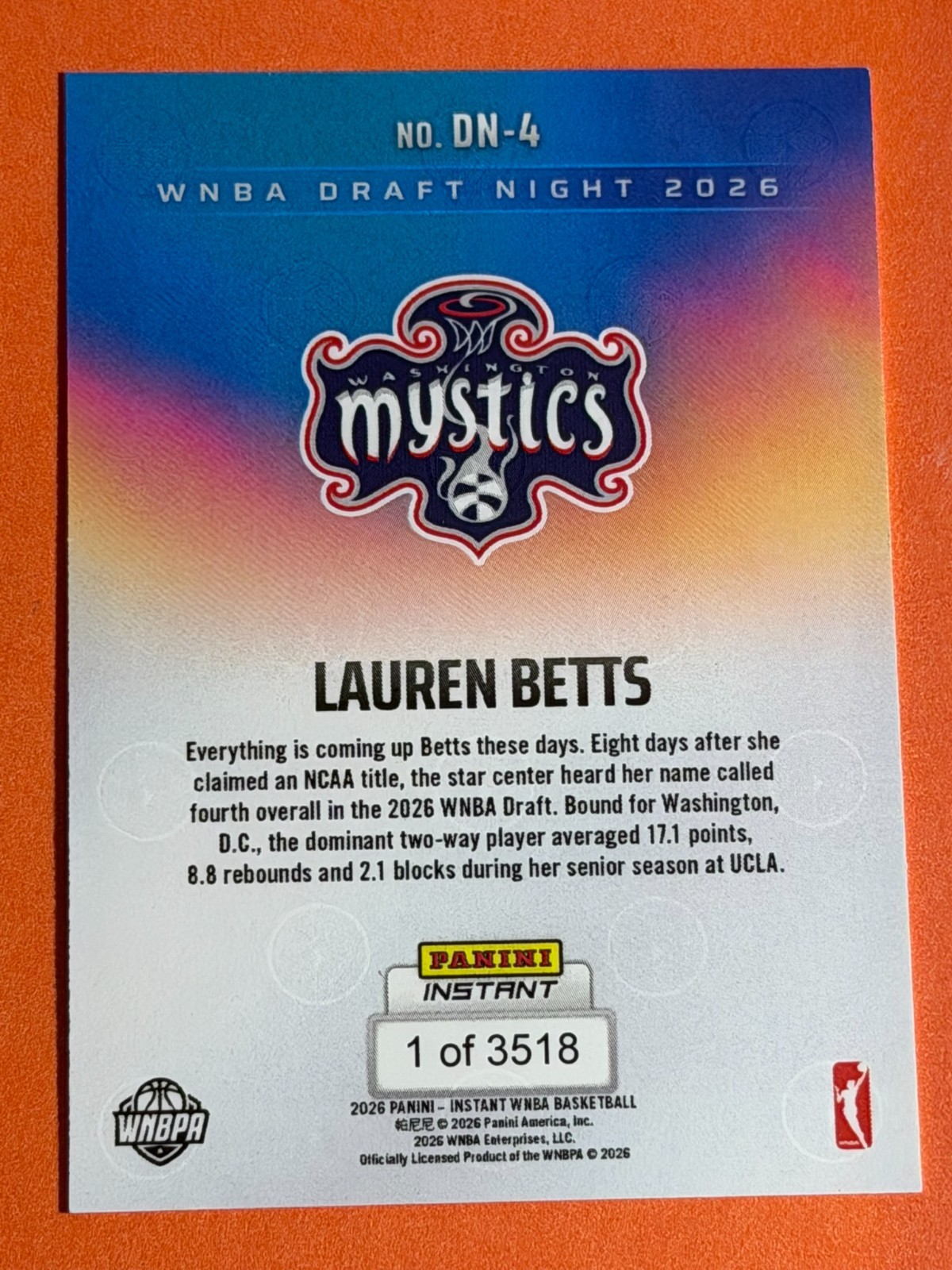 LAUREN BETTS RC 2026 Panini Instant WNBA Draft Night ROOKIE #4 Mystics