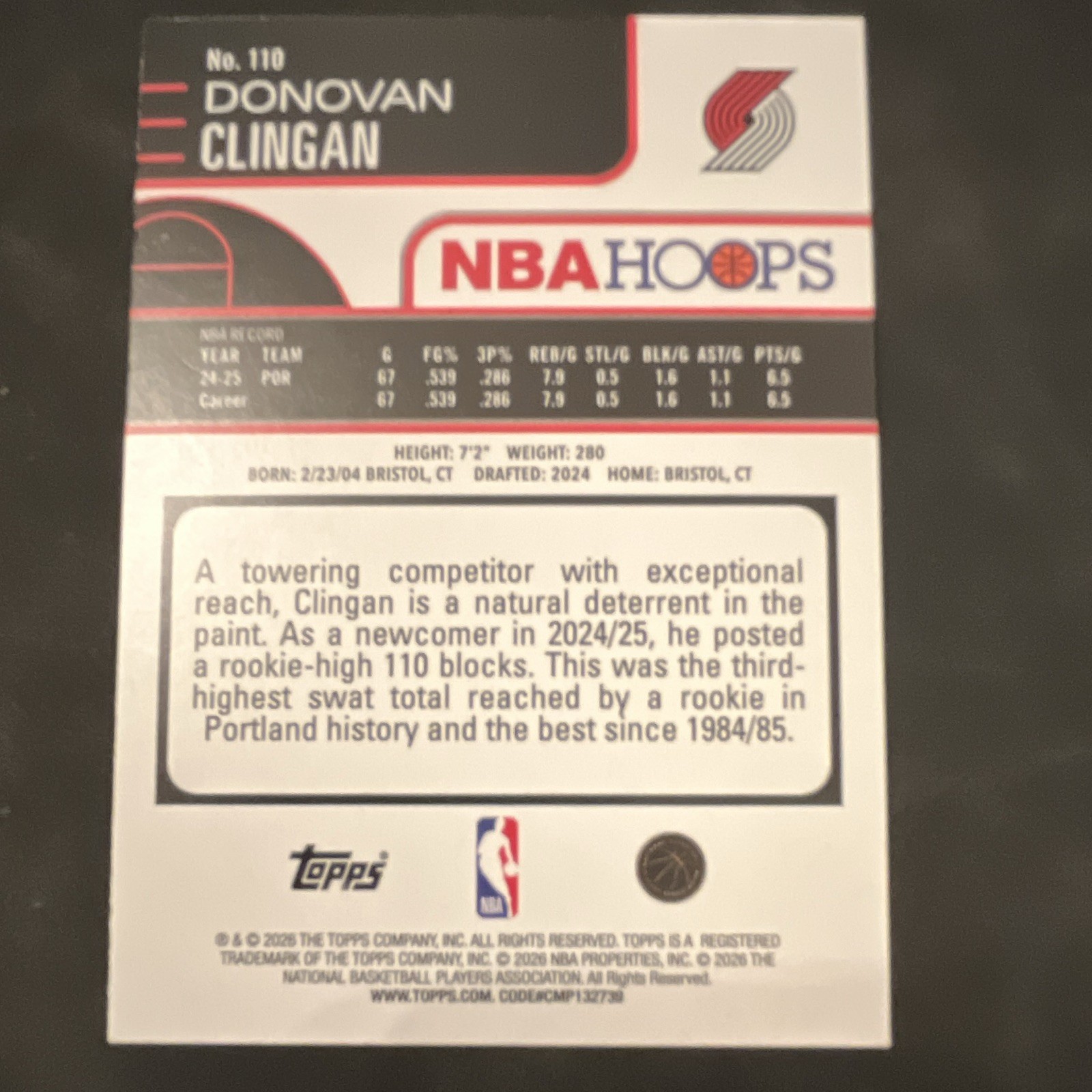 Topps Donovan Clingan Portland Trail Blazers NBA Hoops Rookie #110 2024-25