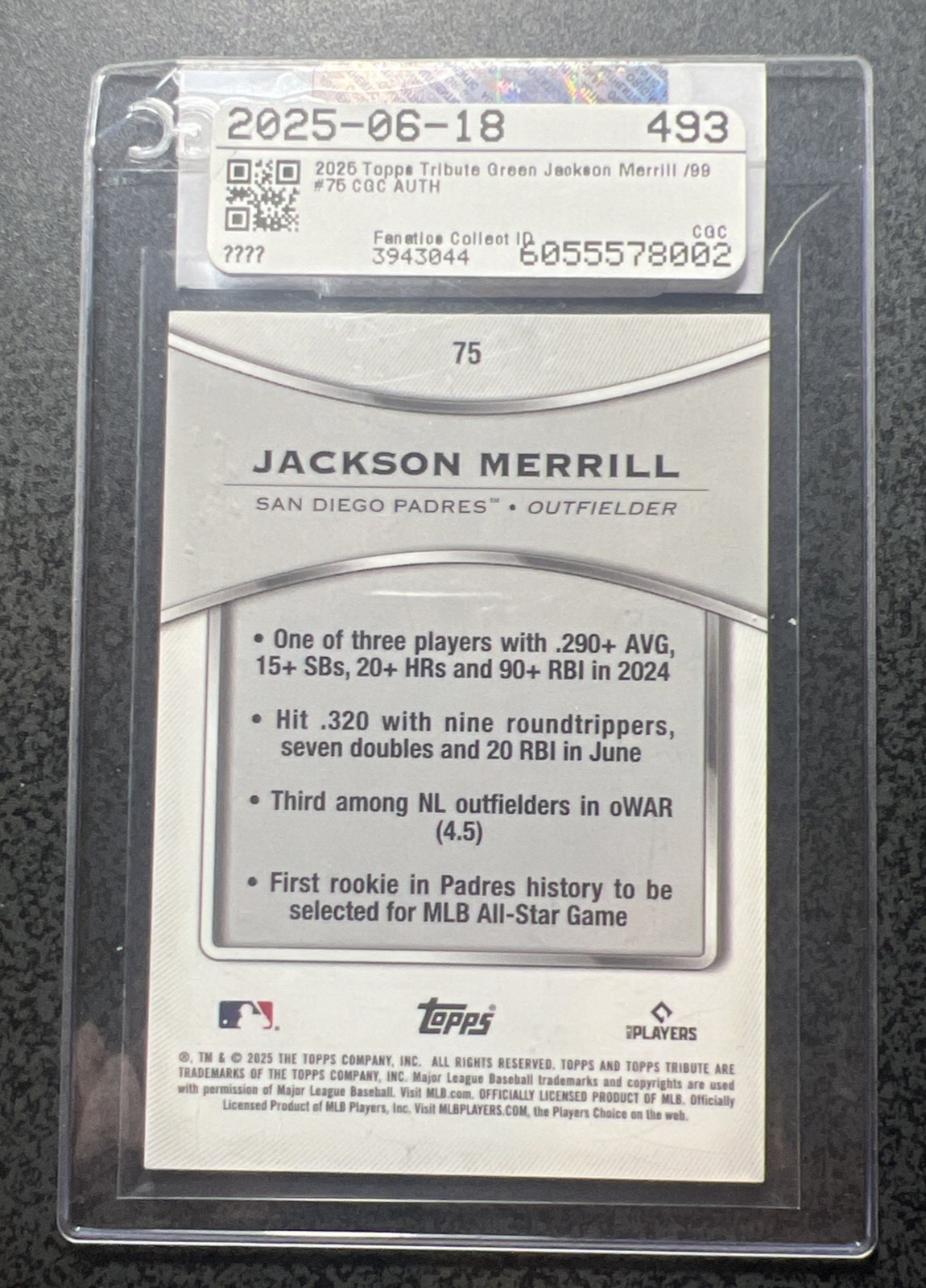 2025 Topps Tribute Jackson Merrill #75 Green /99 San Diego Padres CGC Certified.