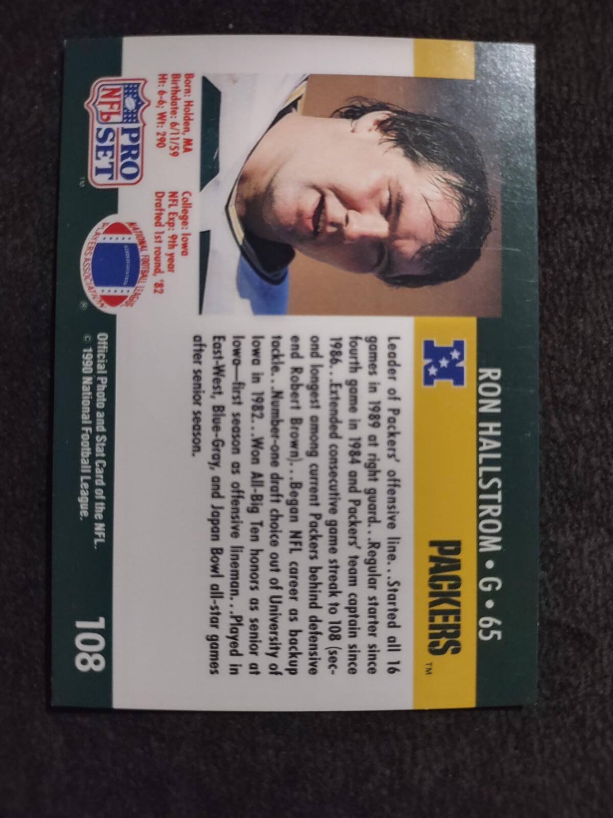 1990 Pro Set Ron Hallstrom Green Bay Packers #108 Football Card