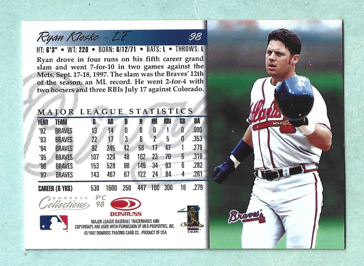 1998 Donruss Prized Collections – Donruss – Ryan Klesko – #98 – Braves – NrMt-Mt
