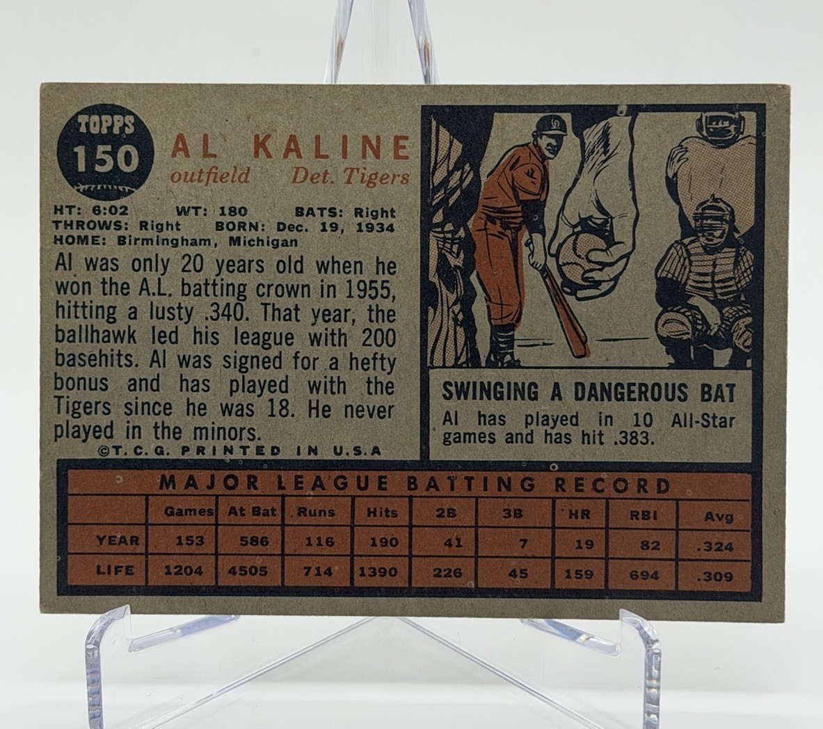 Topps 1962 Al Kaline #150A Detroit Tigers MLB Baseball Card Green tint variation