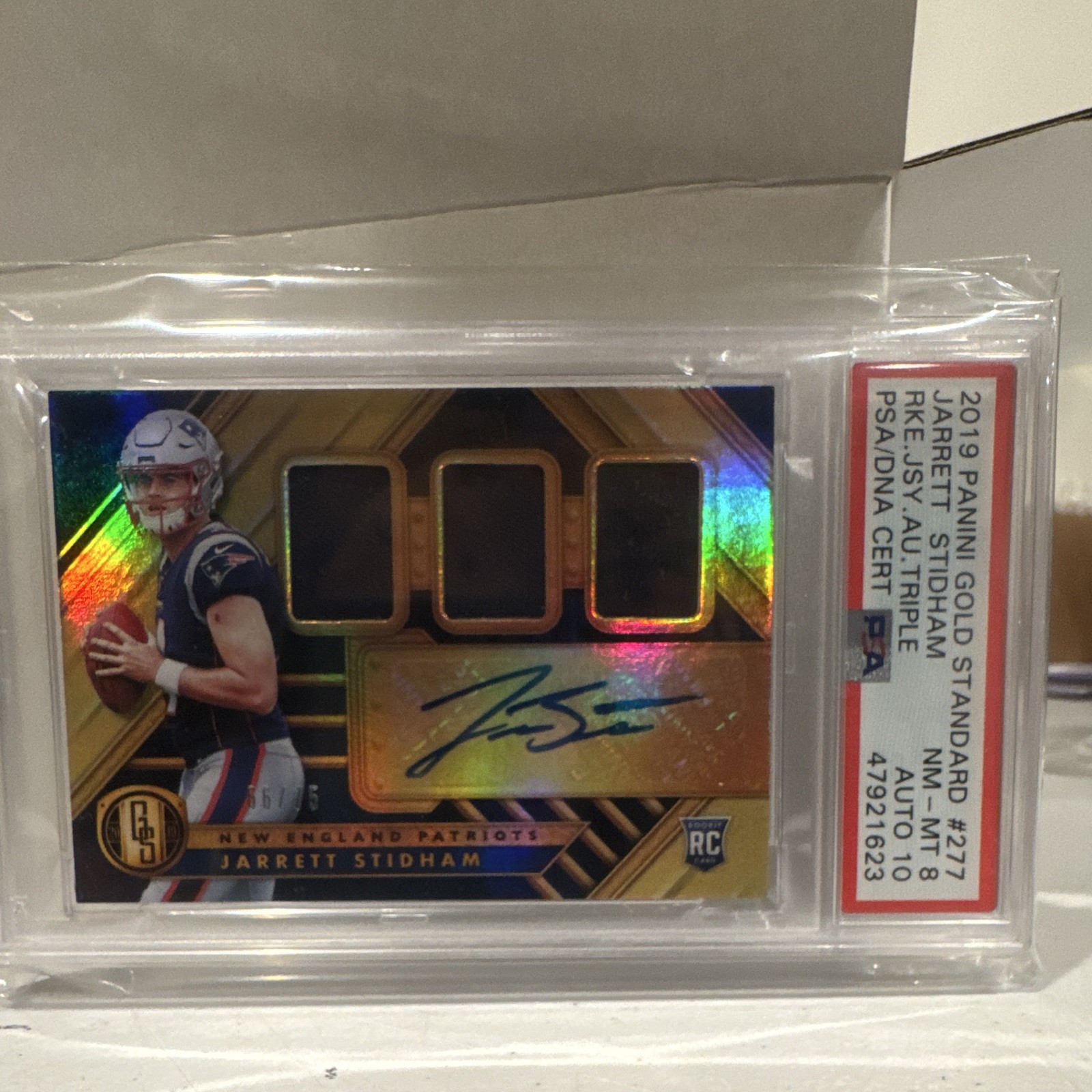 Panini Gold Standard Jarrett Stidham #277 Rookie Jersey Auto Triple /75 PSA 8