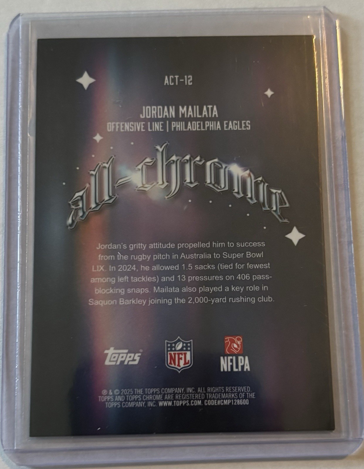 Topps 2025 Chrome Jordan Mailata Eagles All-Chrome Team ACT-12 Gold /50
