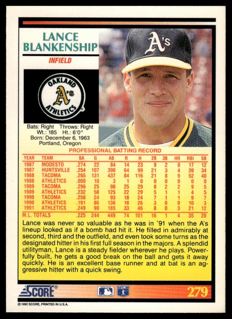 1992 Score #279 Lance Blankenship Athletics