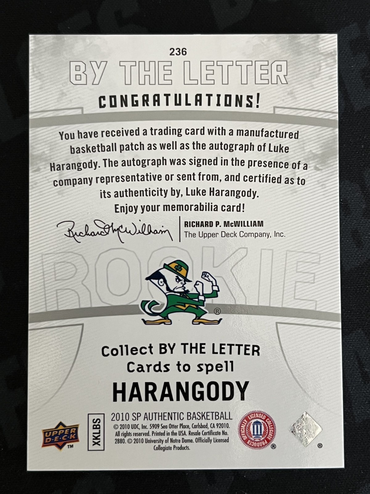 2010-11 SP Authentic Luke Harangody #236 By the Letter Auto #/299 (Letter O) RC