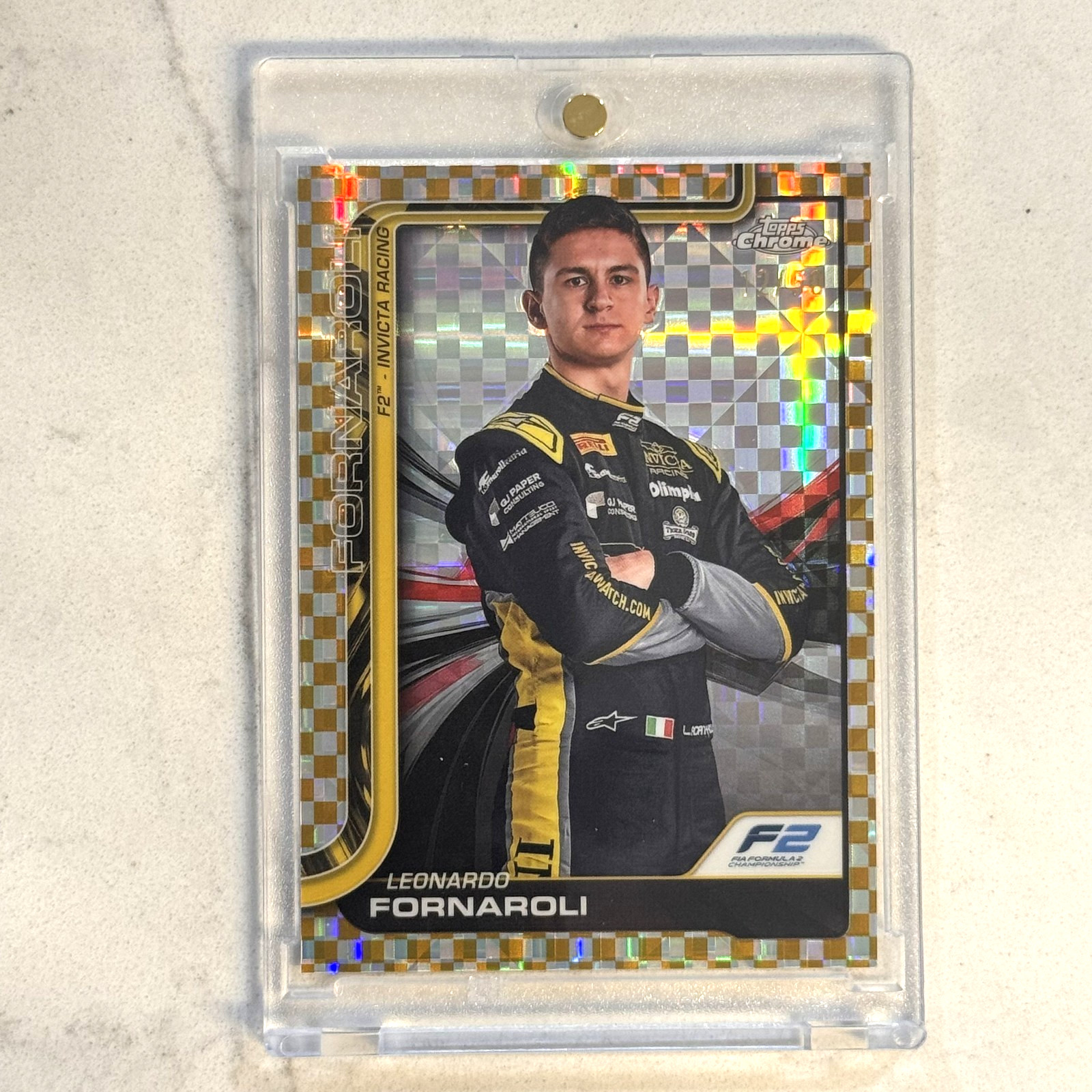 2025 Topps Chrome F1 #21 Leonardo Fornaroli Gold Checker Flag Refractor /50