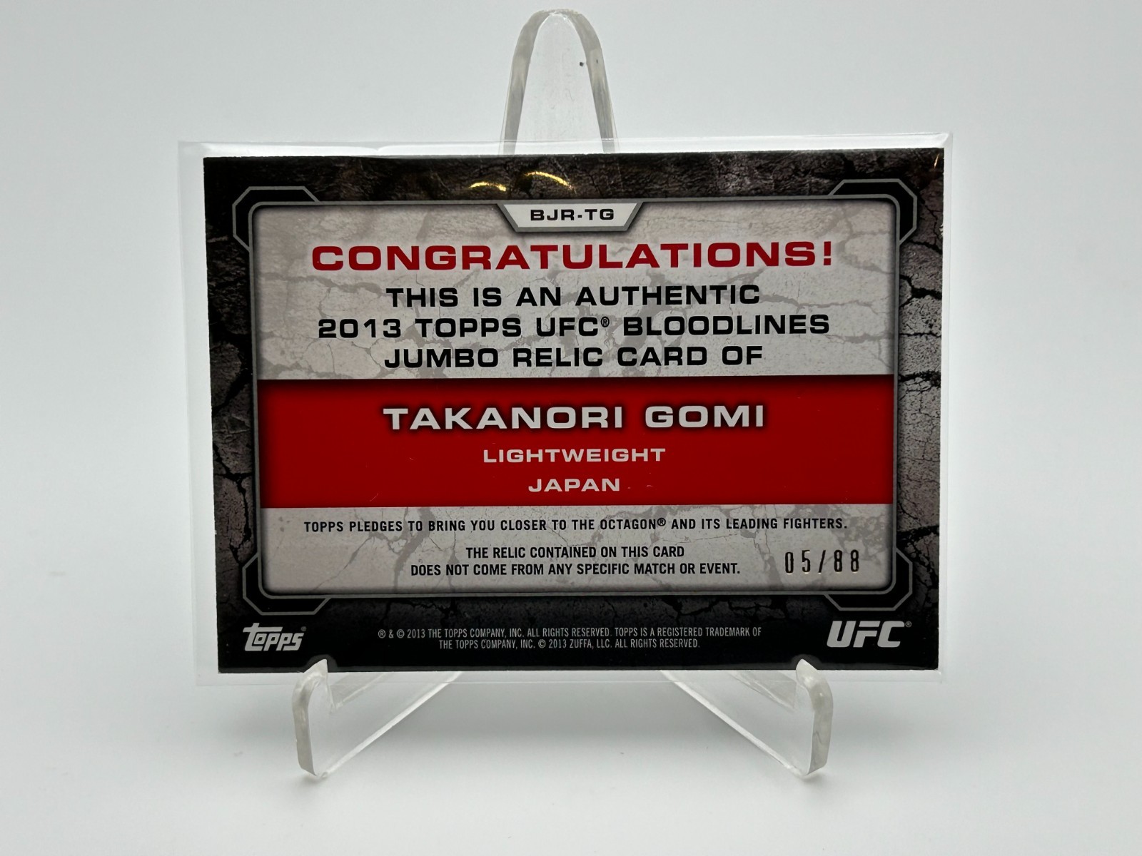 Takanori Gomi 2013 Topps UFC Bloodlines Jumbo worn relic patch card 5/88 Japan