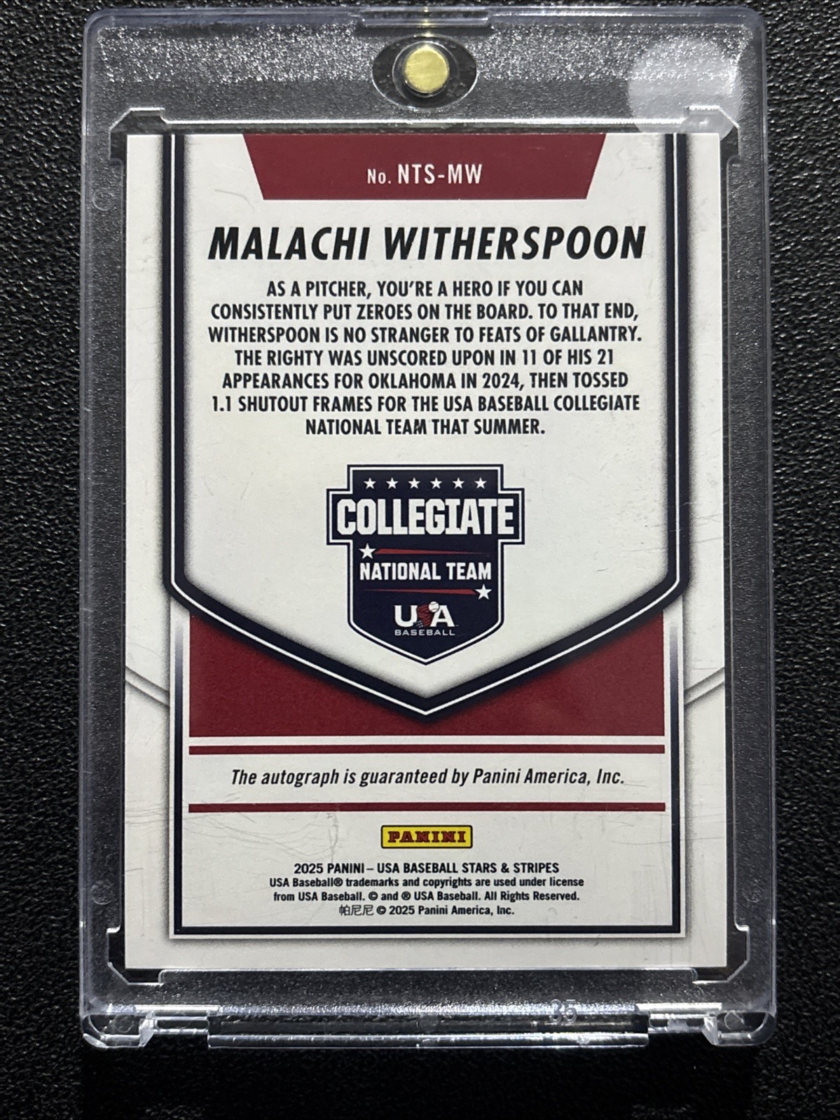 2025 Panini USA Baseball Malachi Witherspoon #NTS-MW 15/25 Autograph Prospect