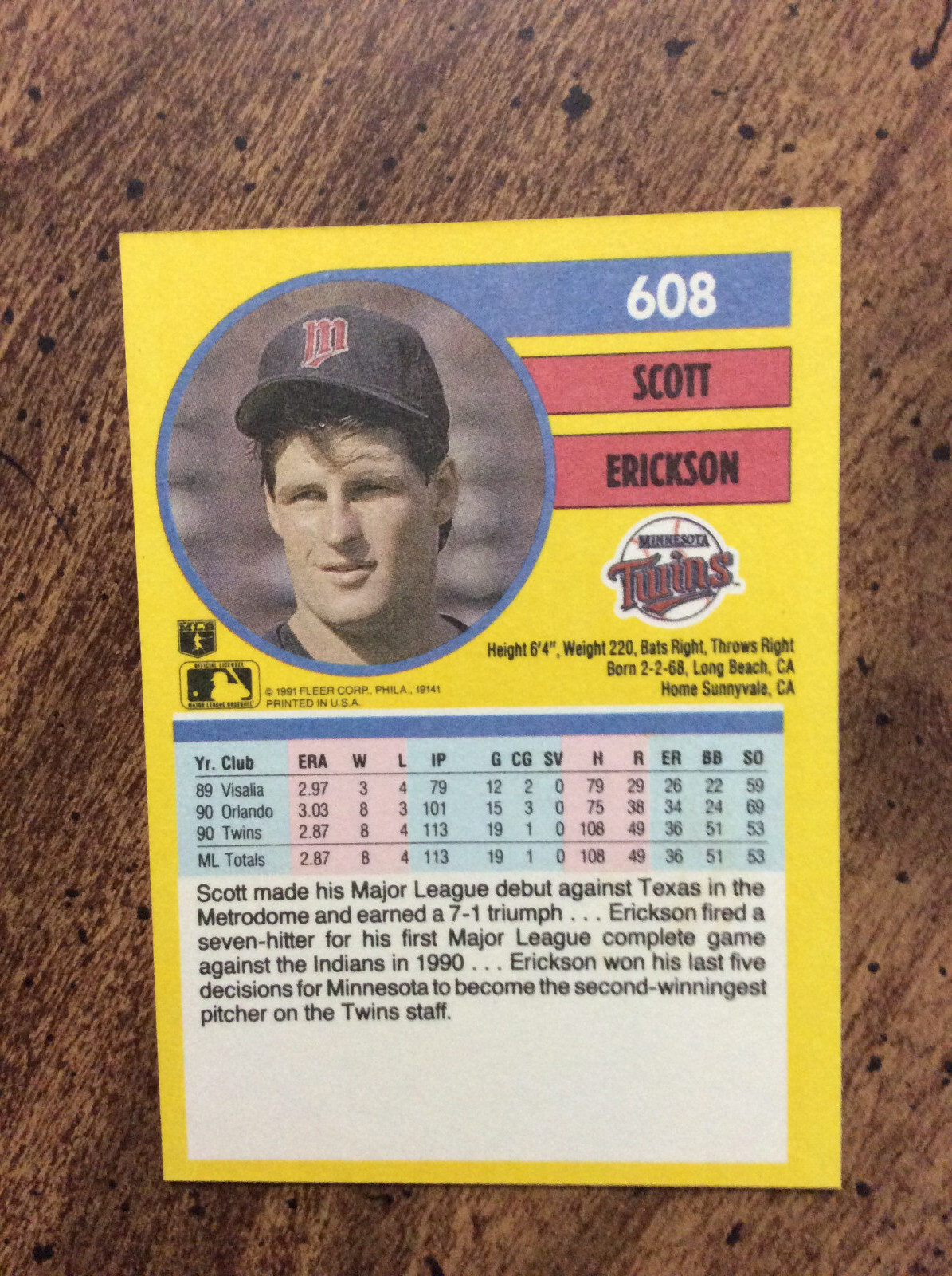 1991 Fleer #608 Scott Erickson, Twins nm ib