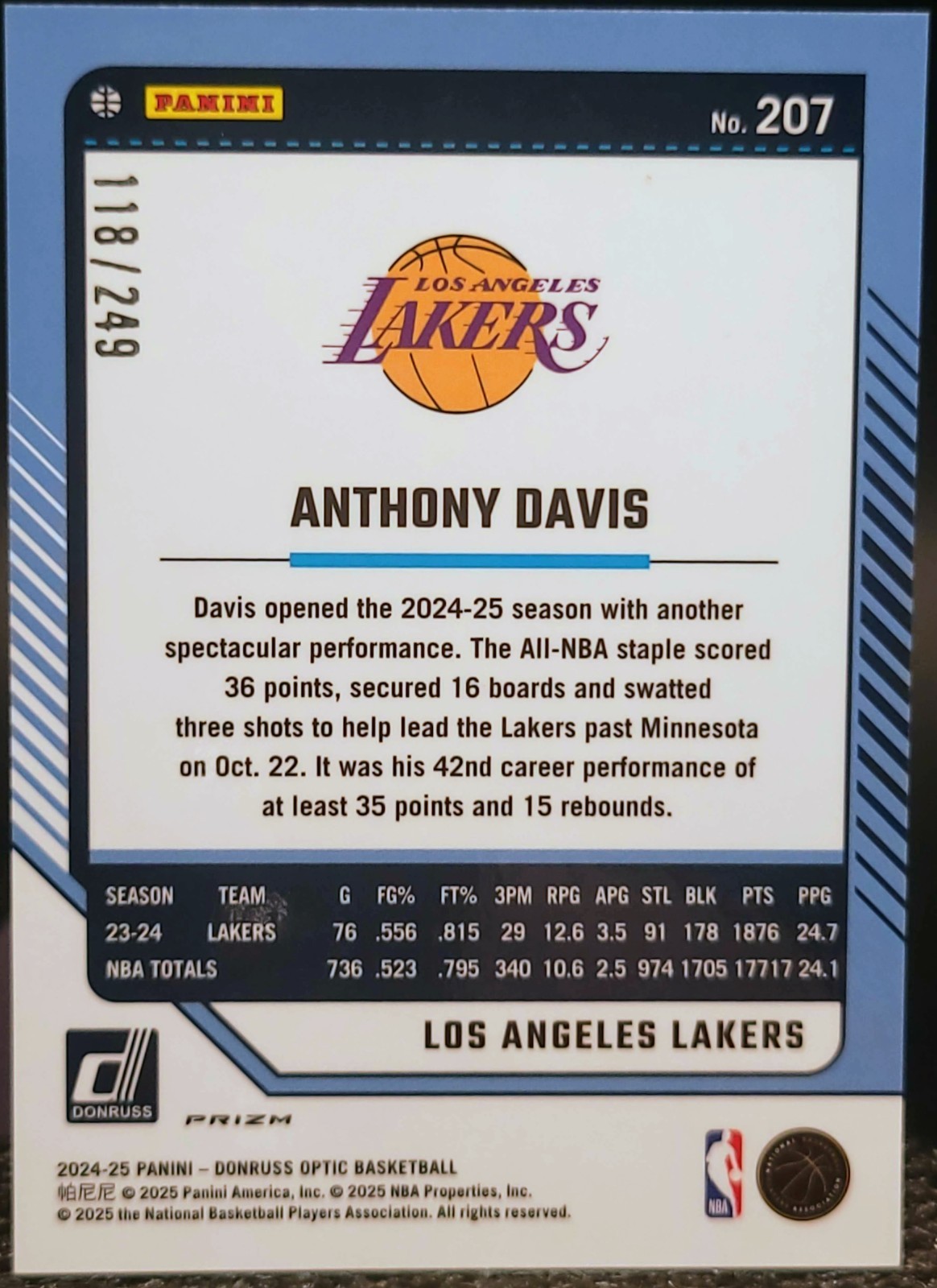 2024-25 Donruss Optic Anthony Davis #207 Teal Hyper Prizm /249 Lakers