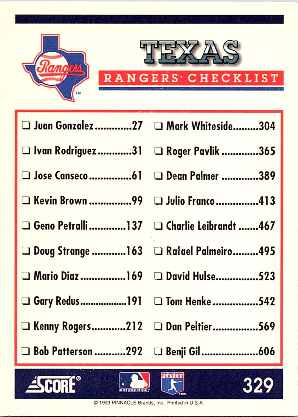 Texas Rangers 1994 Score #329 Texas Rangers